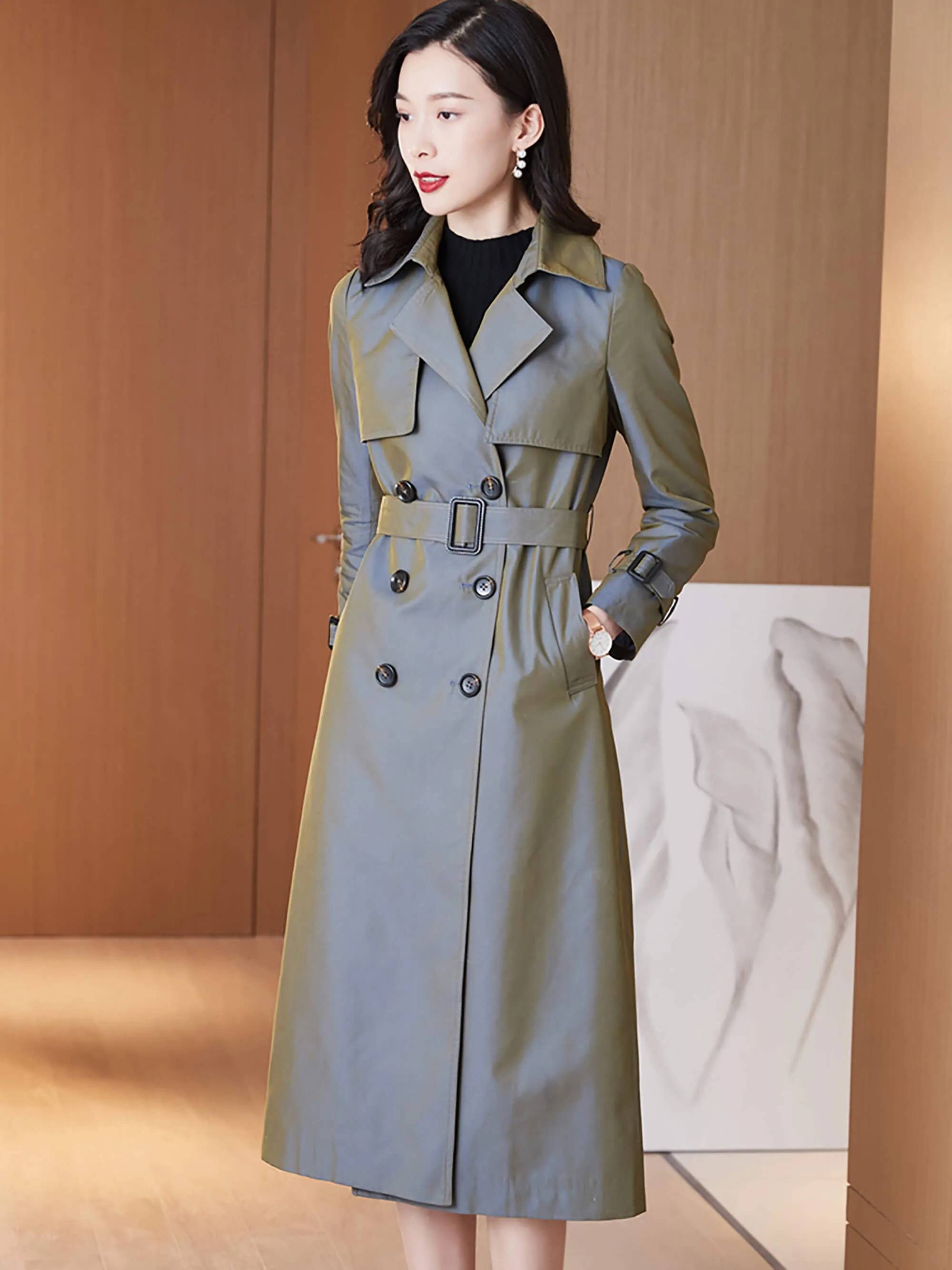 Custom Size Double Breasted Buckle Belt Trench Coat