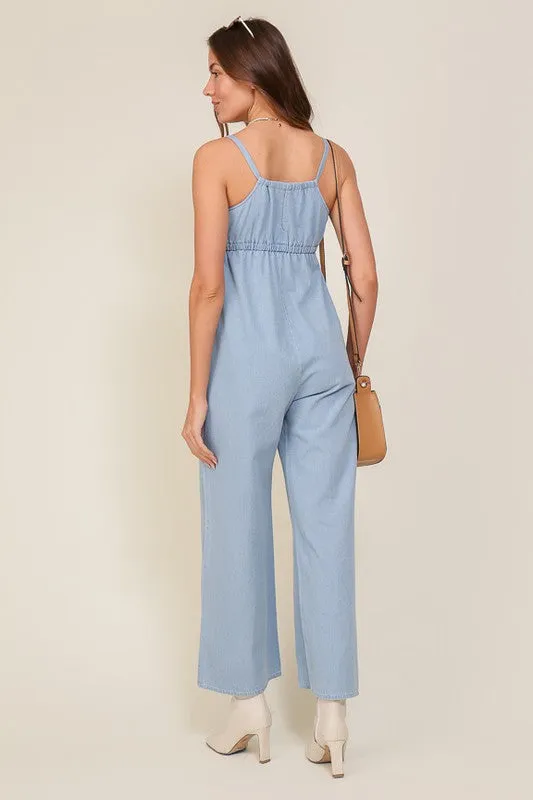 Denim Blue Sleeveless Jumpsuit With Self Jump Tie