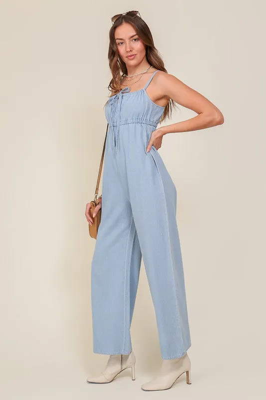 Denim Blue Sleeveless Jumpsuit With Self Jump Tie