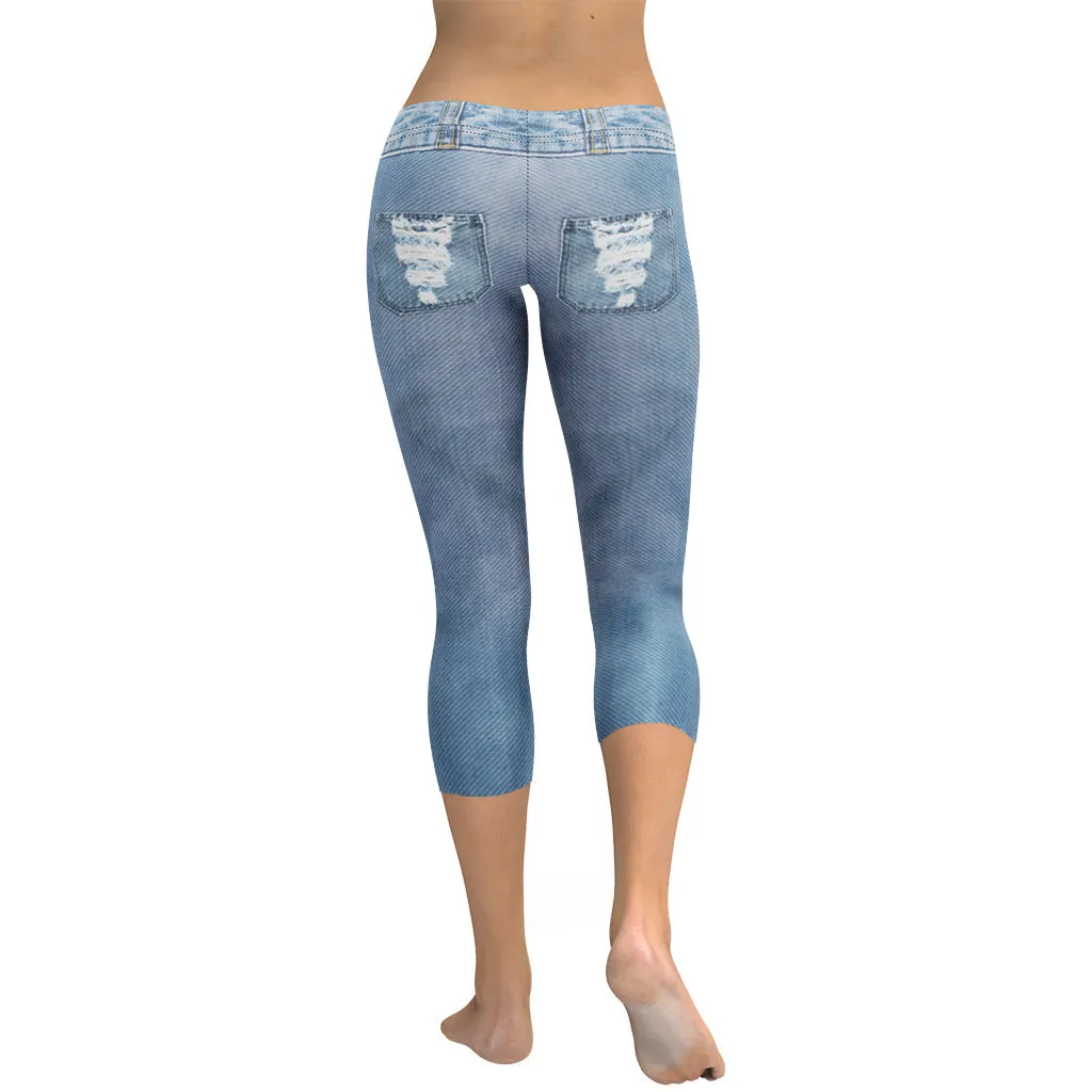 Denim Jeans Print Capris