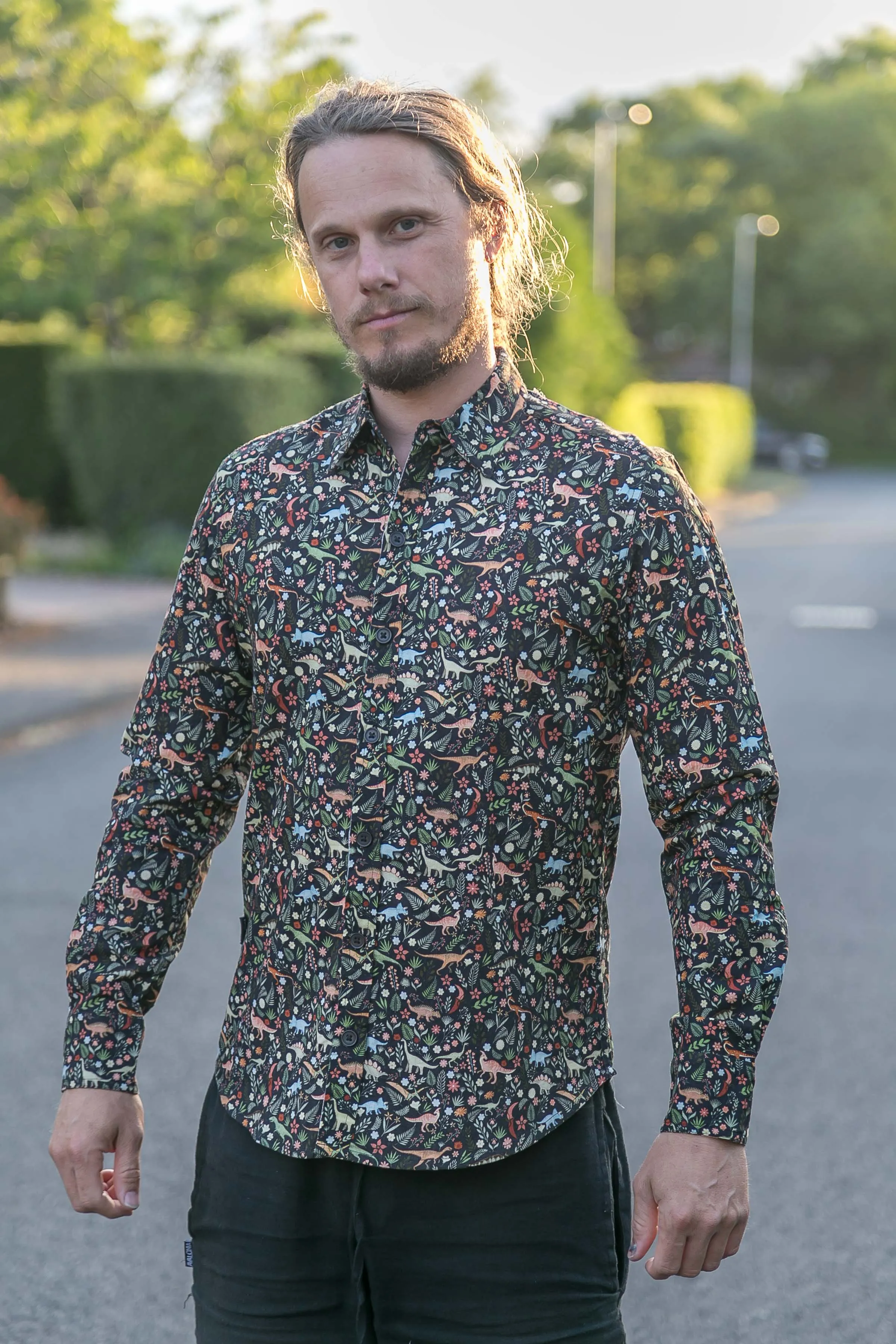 Dinosaur Floral Print Cotton and Organic Cotton Slim Fit Mens Shirt Long Sleeve