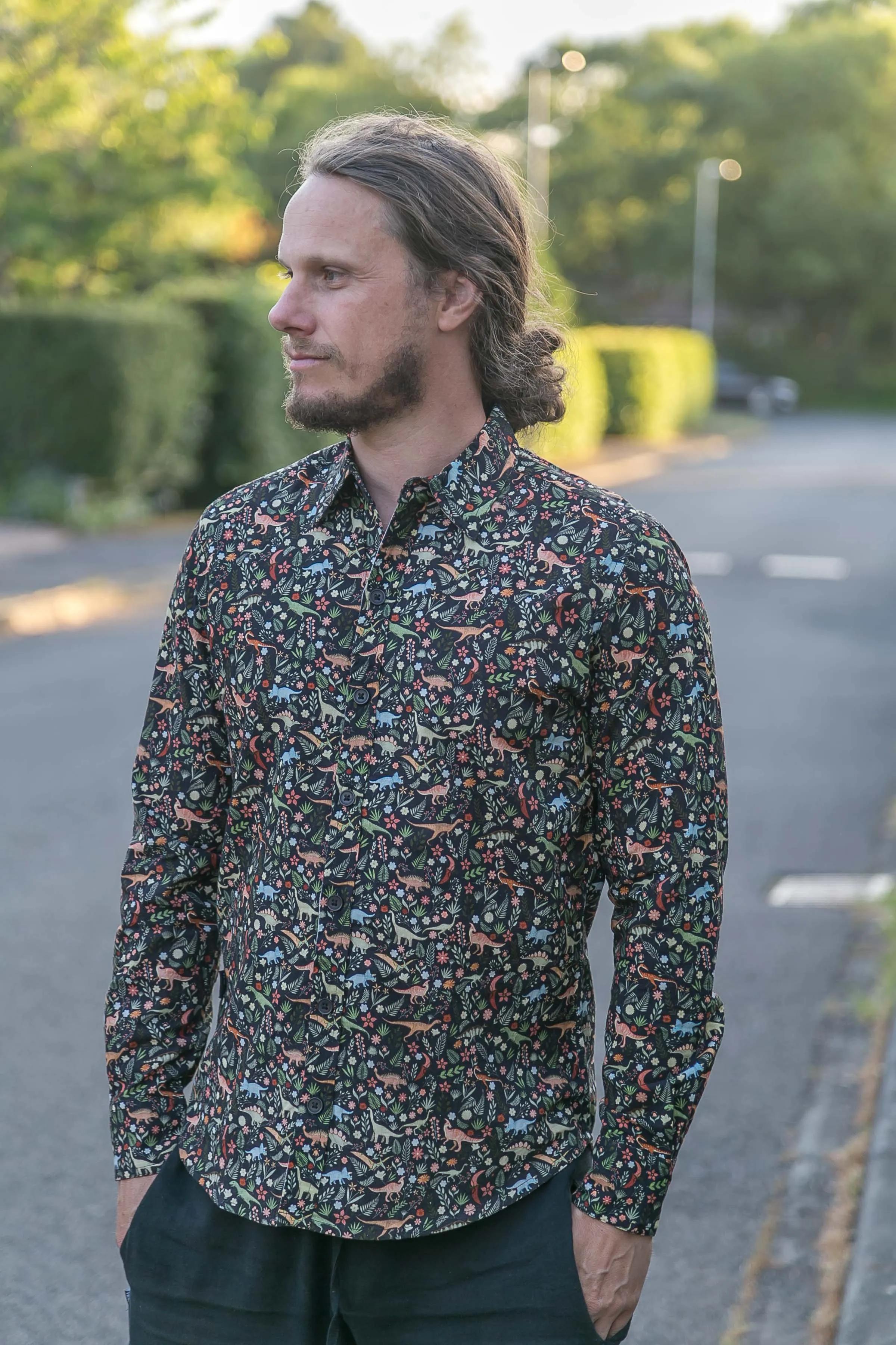 Dinosaur Floral Print Cotton and Organic Cotton Slim Fit Mens Shirt Long Sleeve