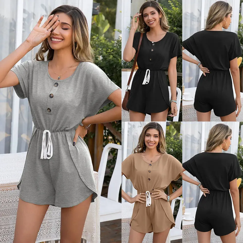 Drawstring Waist-slimming Short-sleeved Jumpsuit Women