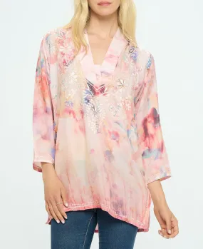 Embroidered Peach Tones V Neck Tunic Top