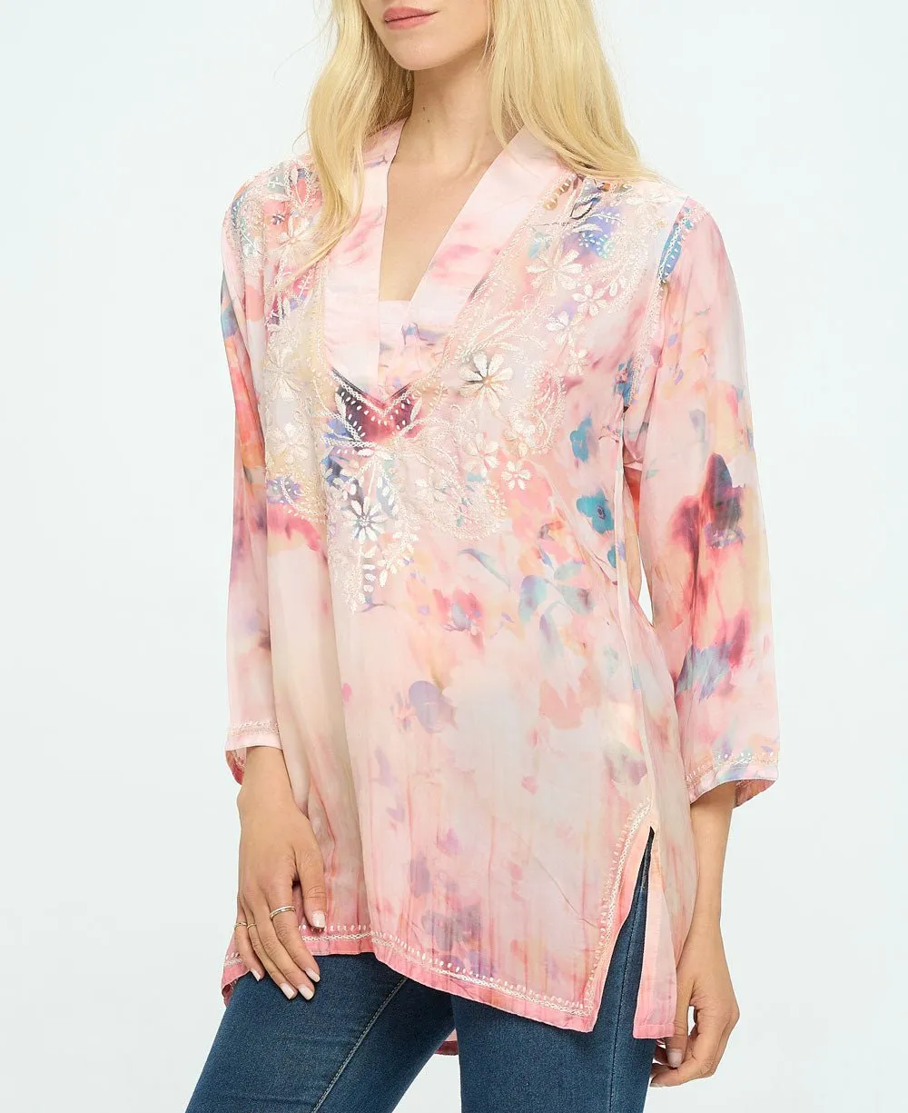 Embroidered Peach Tones V Neck Tunic Top