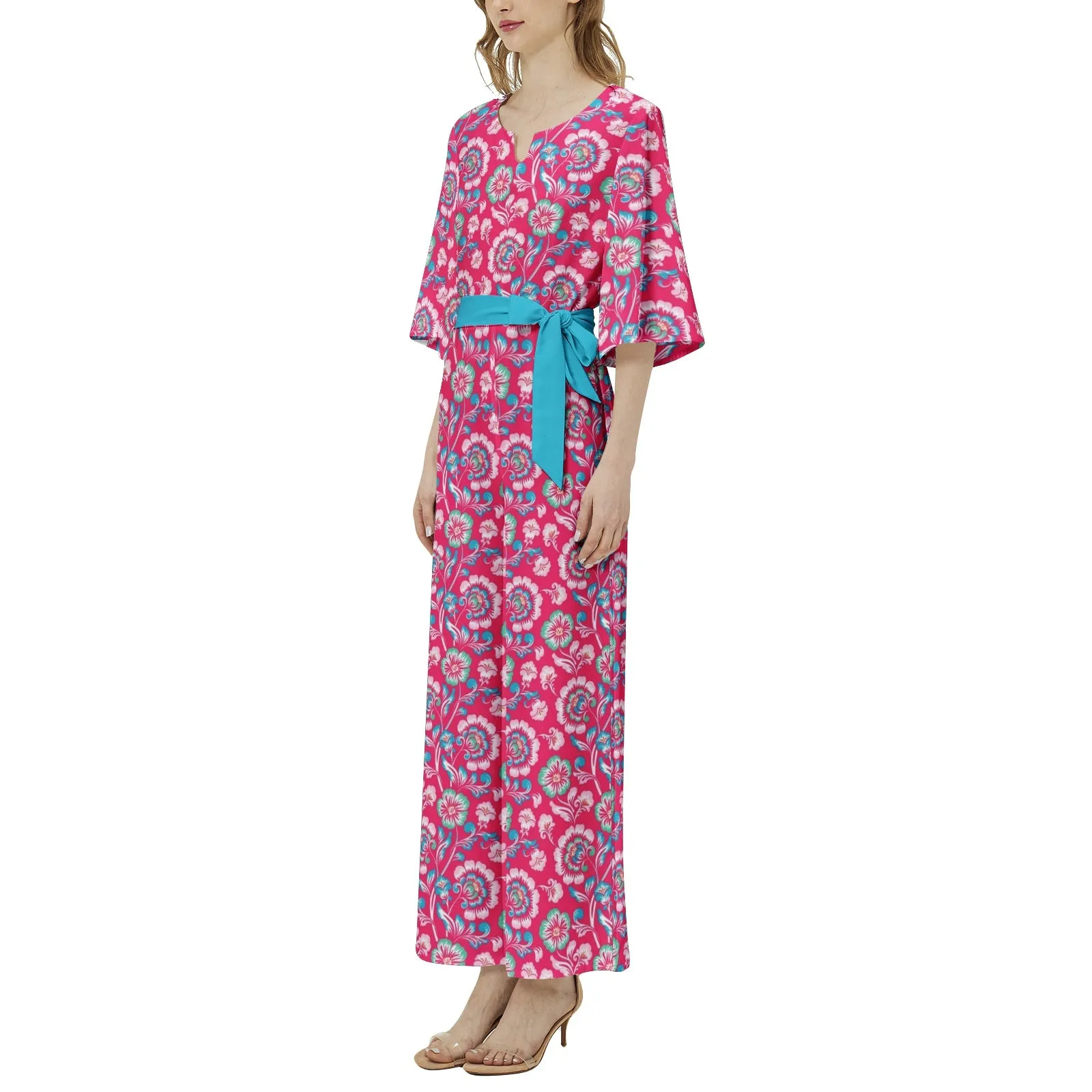 Floral Bouquet Dolman Sleeve Belted Wide Leg Jumpsuit