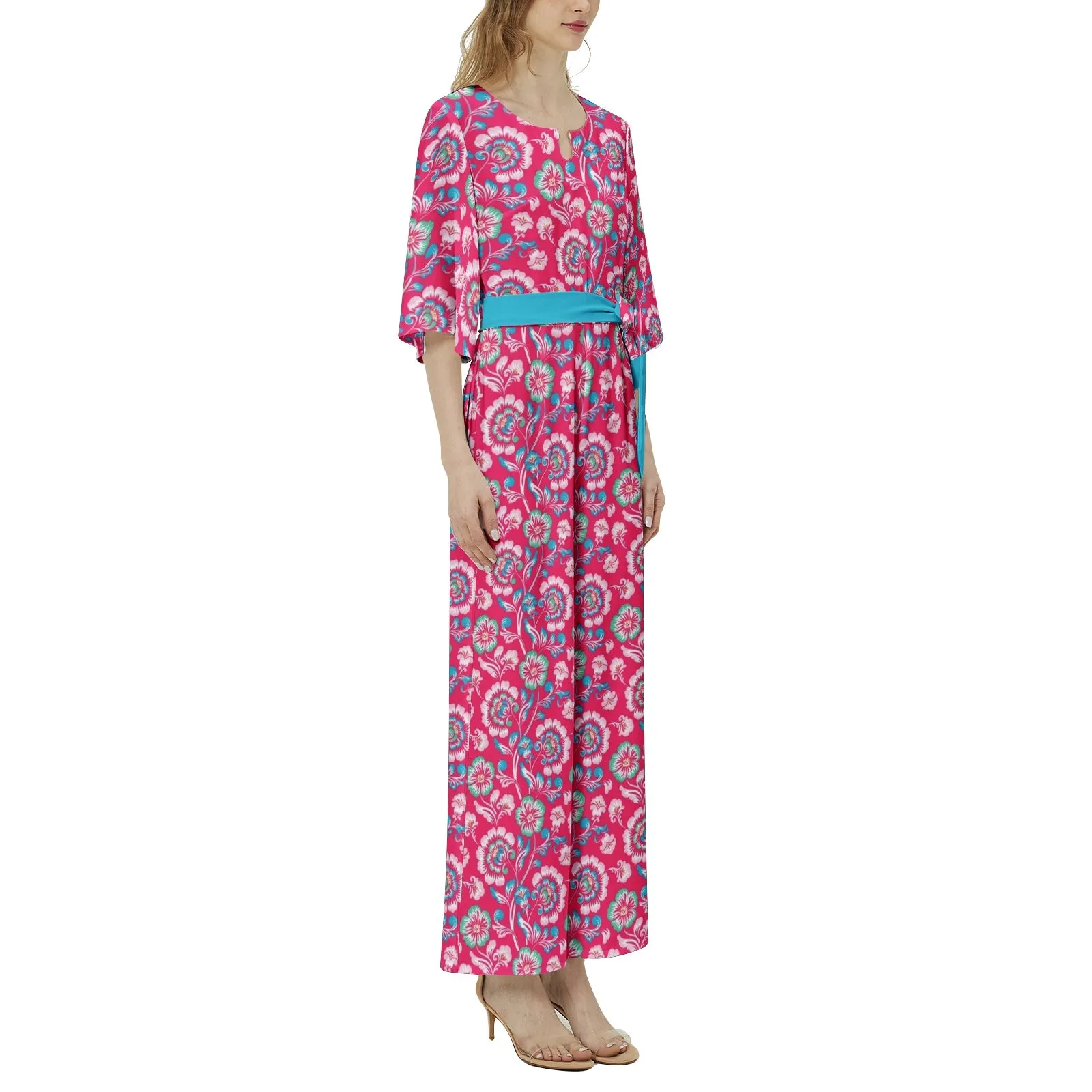 Floral Bouquet Dolman Sleeve Belted Wide Leg Jumpsuit