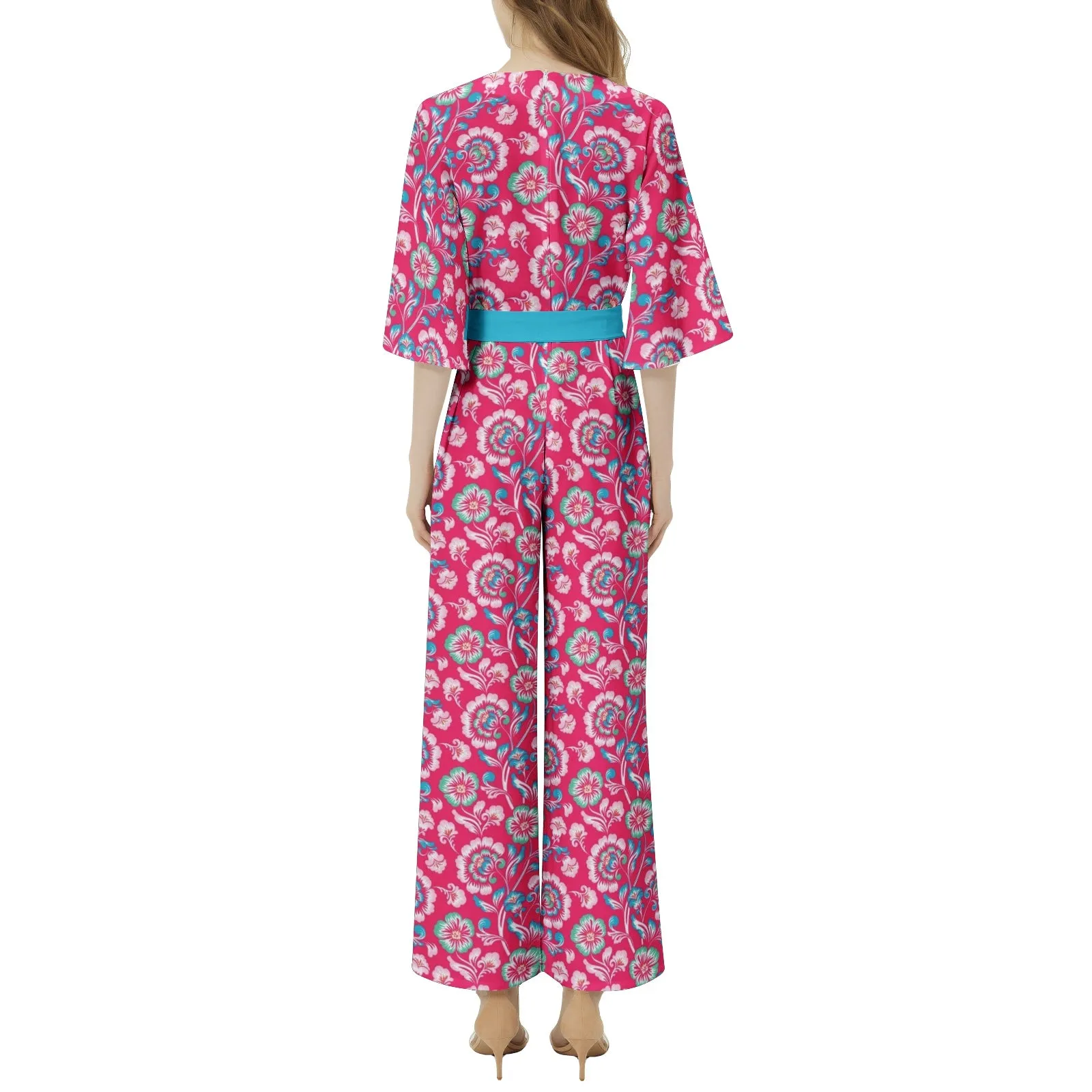 Floral Bouquet Dolman Sleeve Belted Wide Leg Jumpsuit