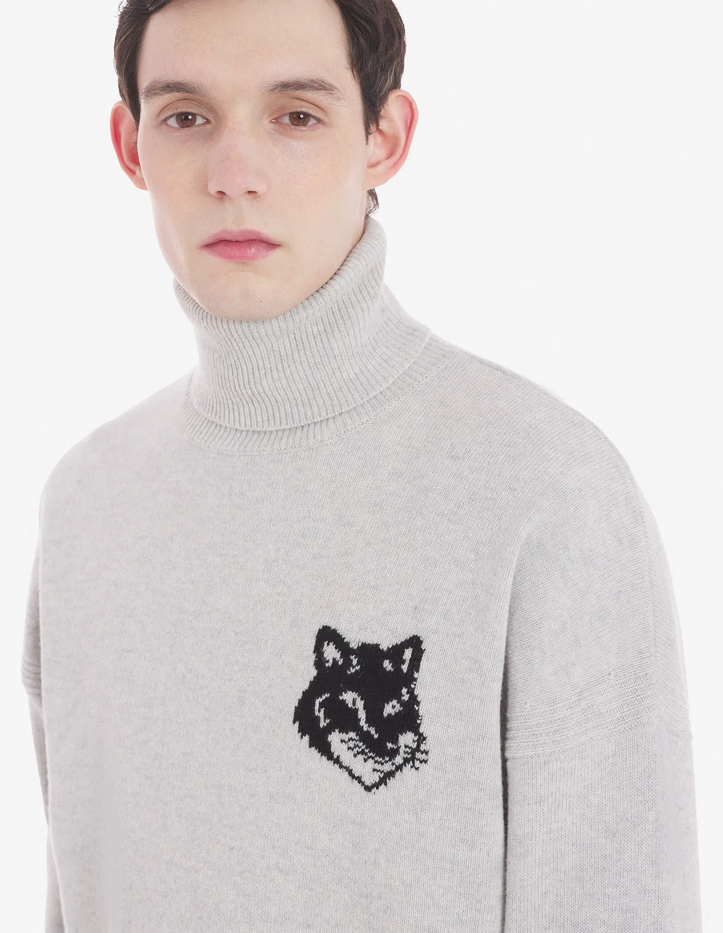 Fox Head Intarsia Comfort High Neck Jumper Light Grey Melange