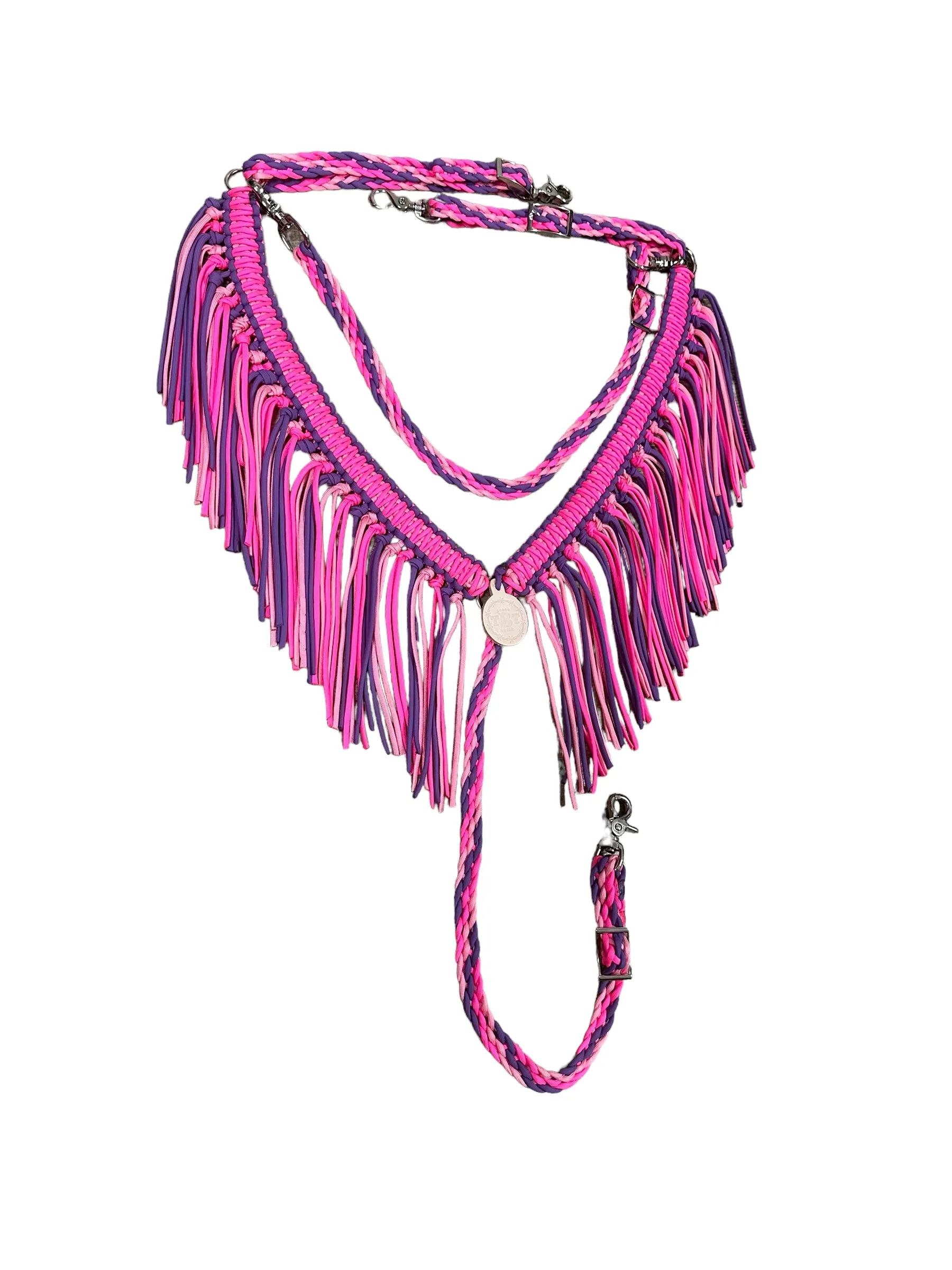 fringe breast collar neon hot pink and lilac with a wither strap