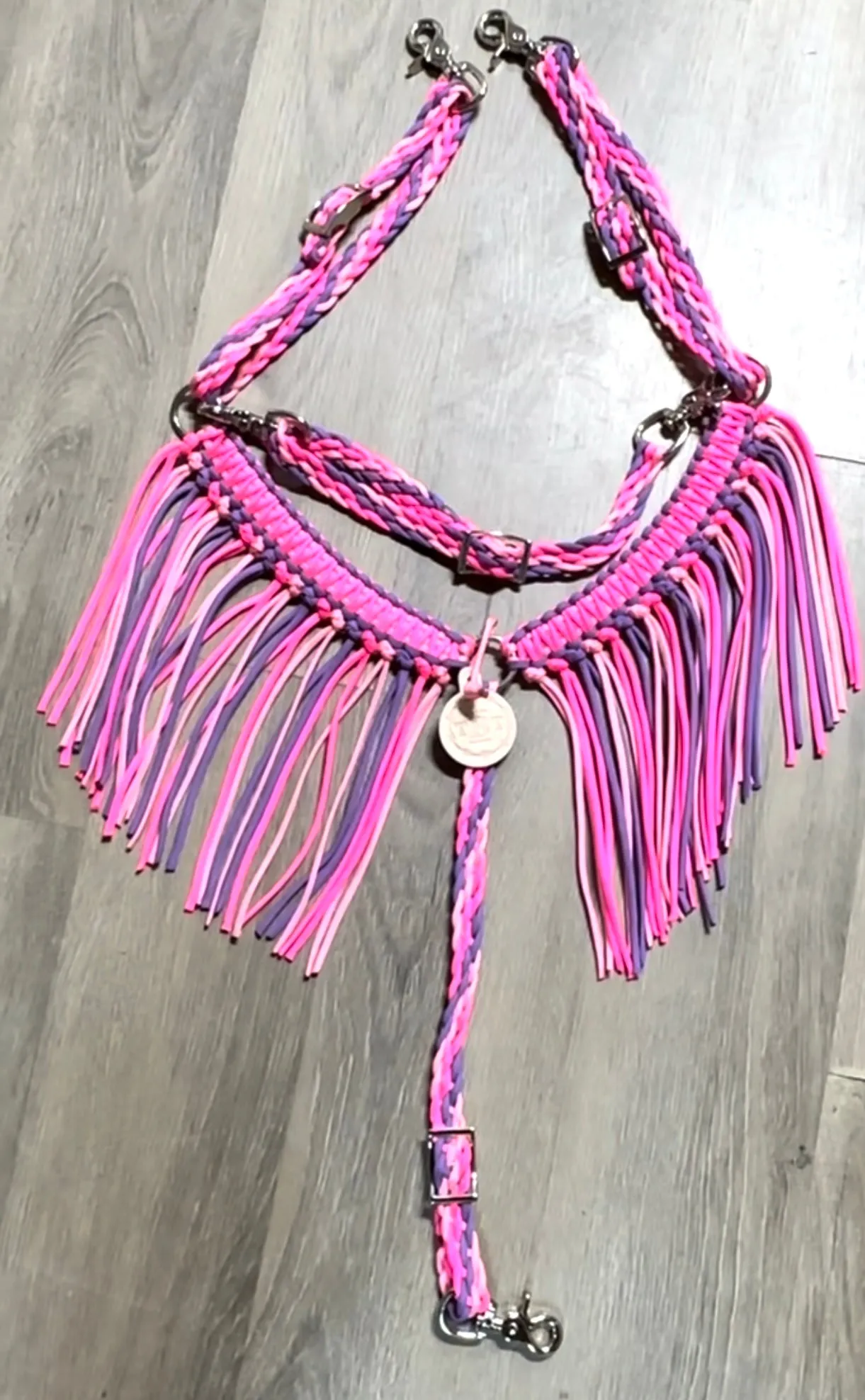 fringe breast collar neon hot pink and lilac with a wither strap