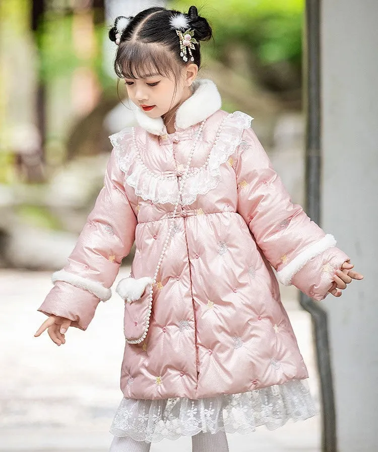 Fur Collar Chinese Style Girl's Wadded Coat with Lace Edge