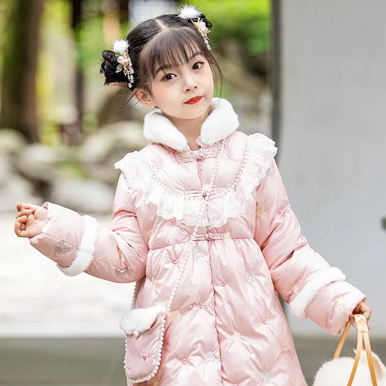 Fur Collar Chinese Style Girl's Wadded Coat with Lace Edge