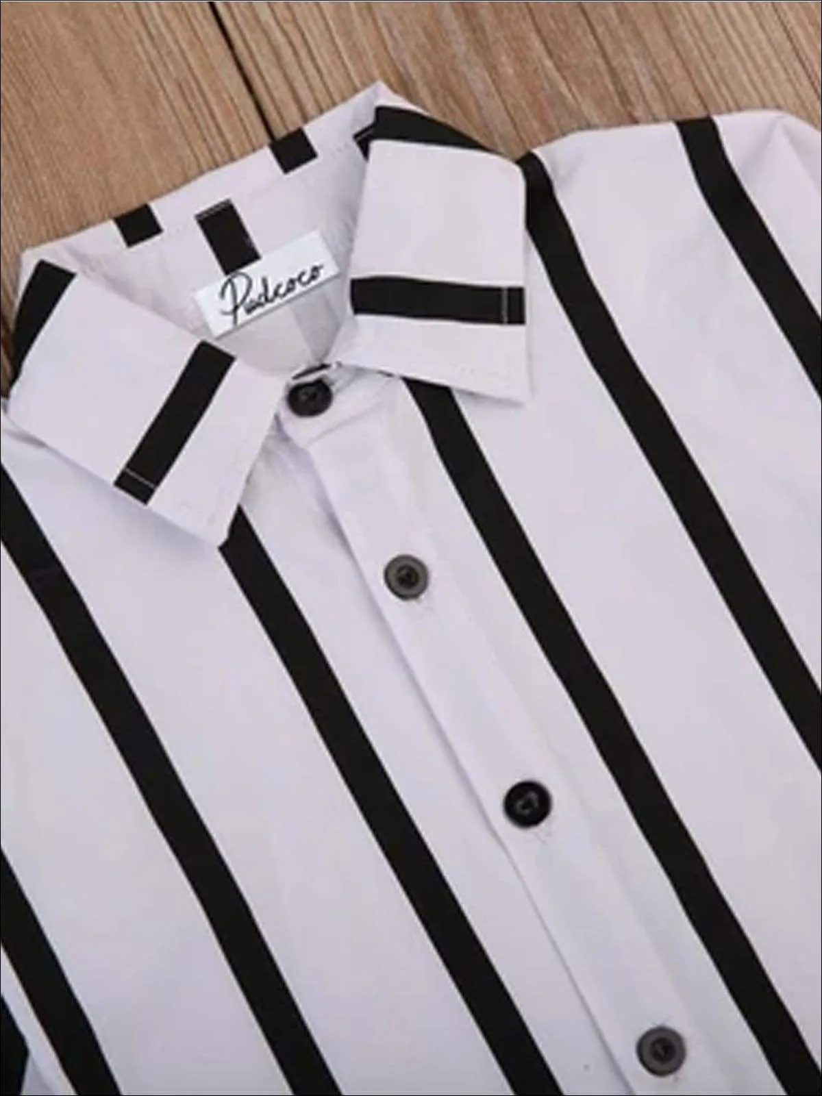 Girls Black & White Vertical Stripe Collared Blouse T-Shirt Dress