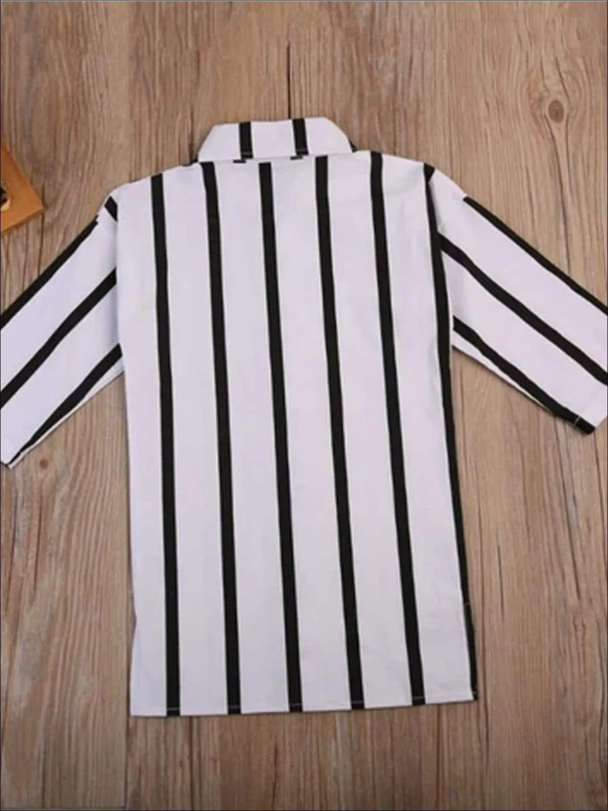 Girls Black & White Vertical Stripe Collared Blouse T-Shirt Dress