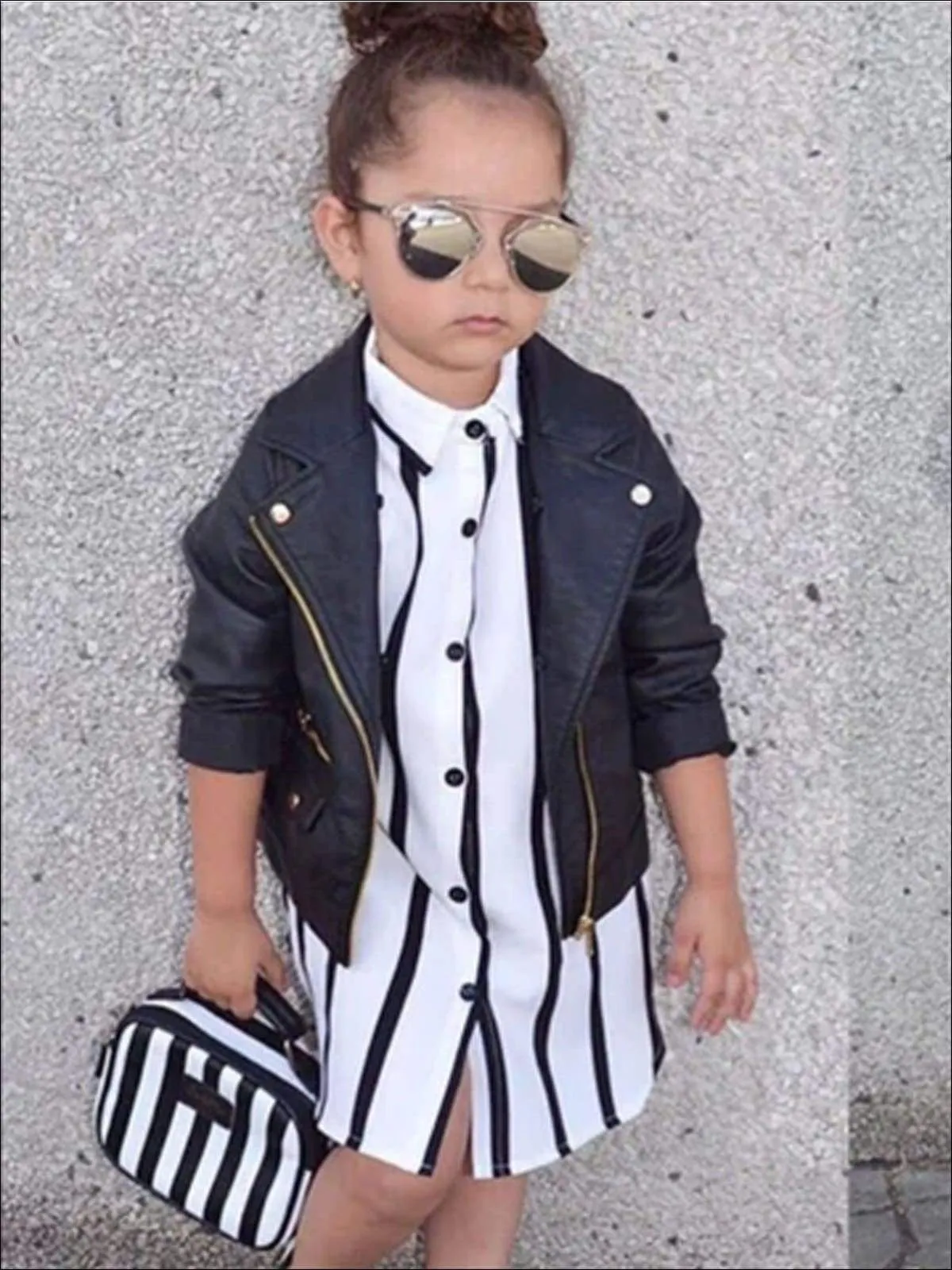 Girls Black & White Vertical Stripe Collared Blouse T-Shirt Dress