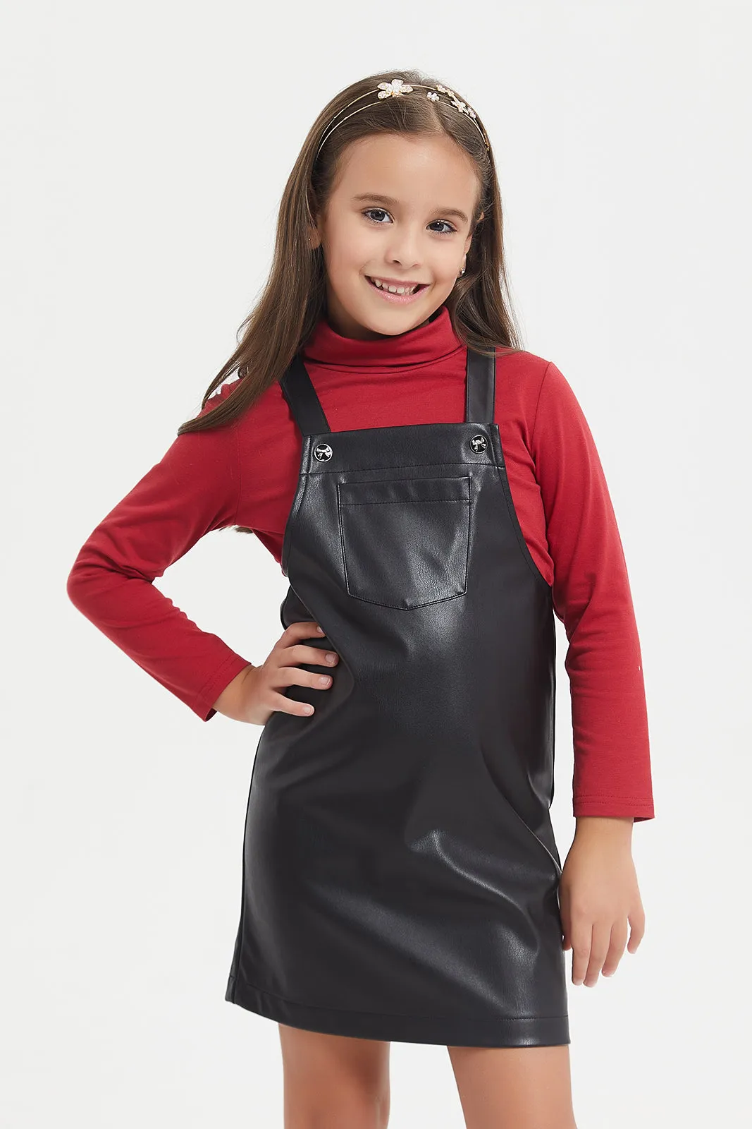 Girls Black Pu Dungaree Set (2 Piece)