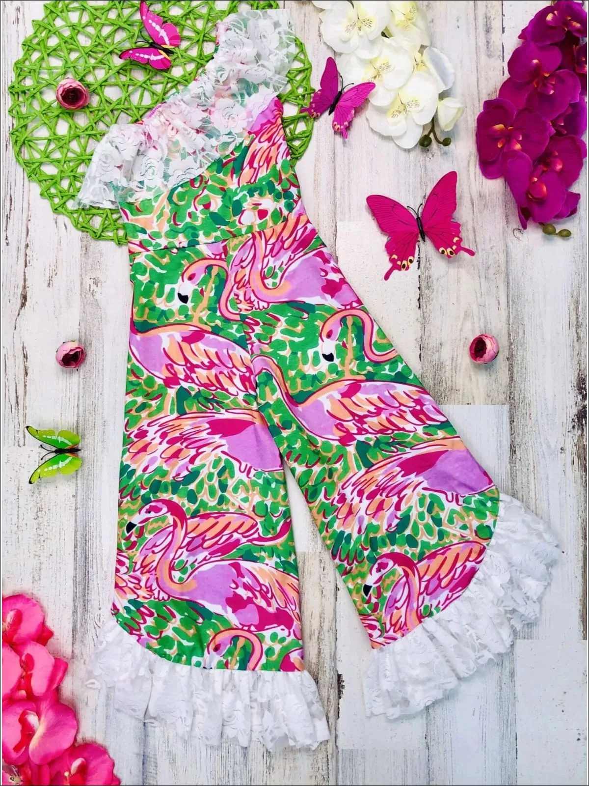 Girls One Shoulder Flamingo Print Lace Ruffled Palazzo Jumpsuit with Satin Sash