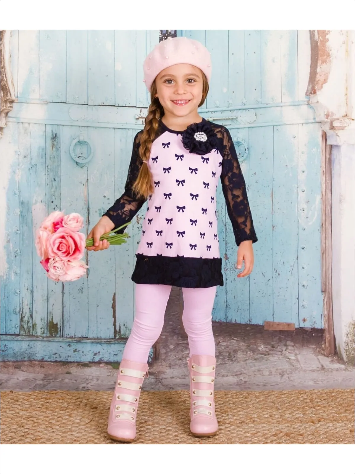 Girls Pink Bow Lace Sleeve Tunic And Legging Set