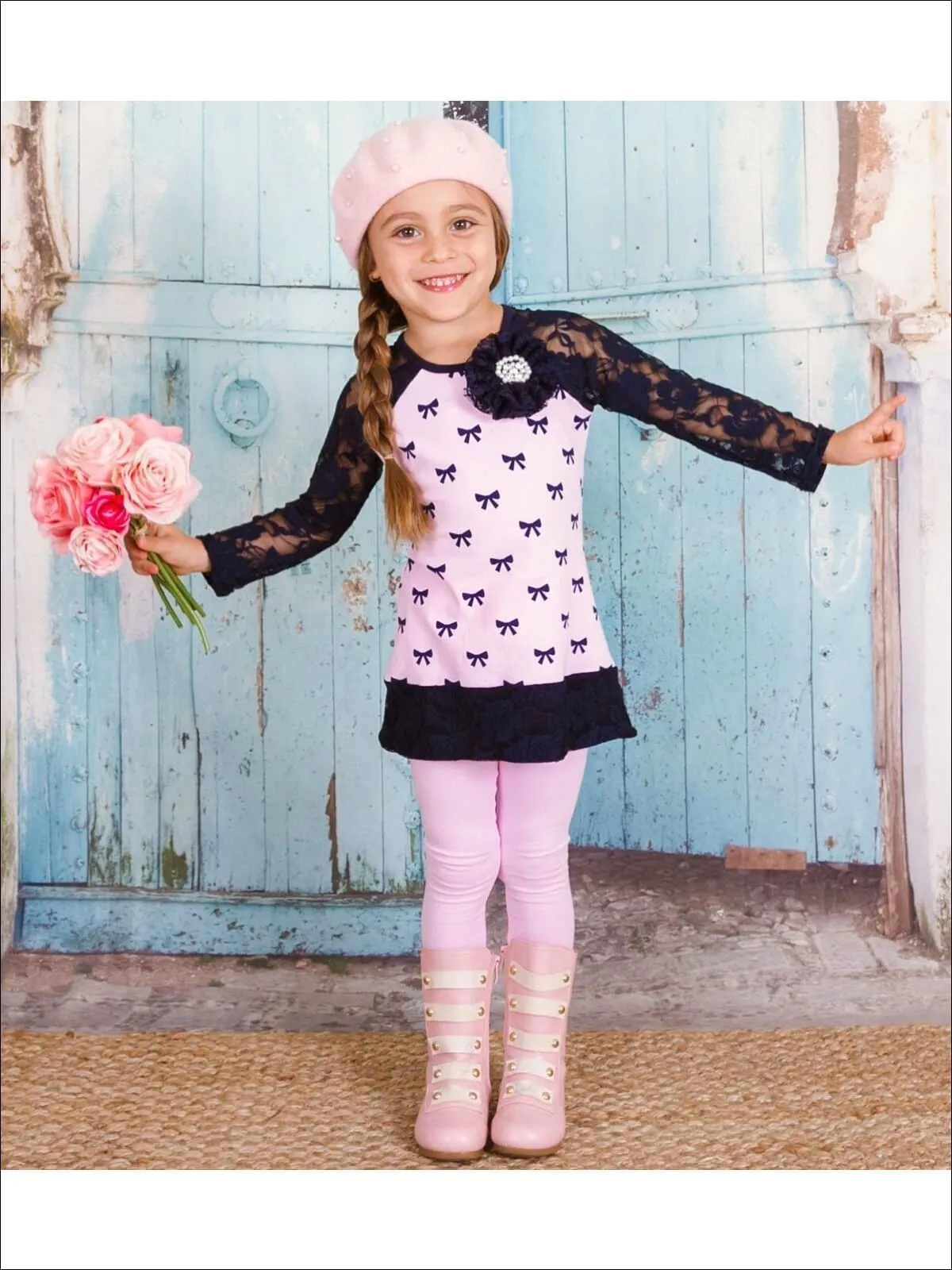 Girls Pink Bow Lace Sleeve Tunic And Legging Set