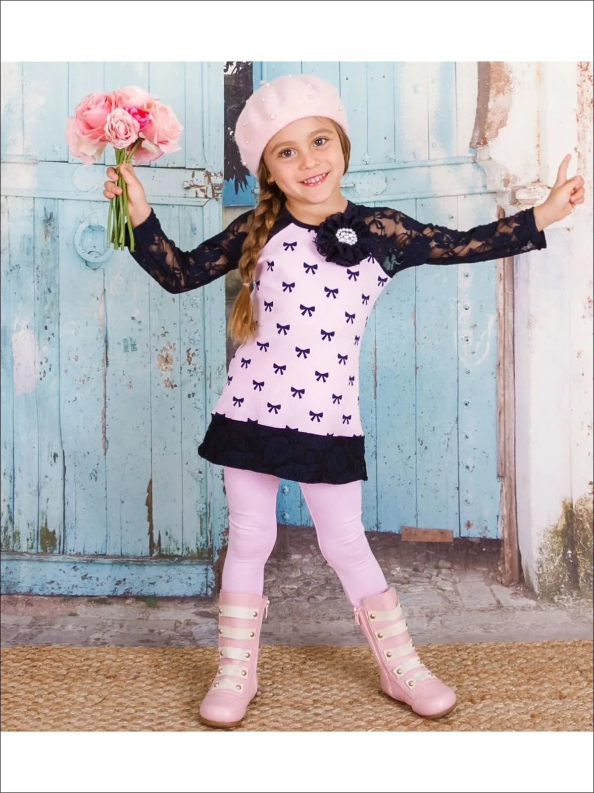 Girls Pink Bow Lace Sleeve Tunic And Legging Set