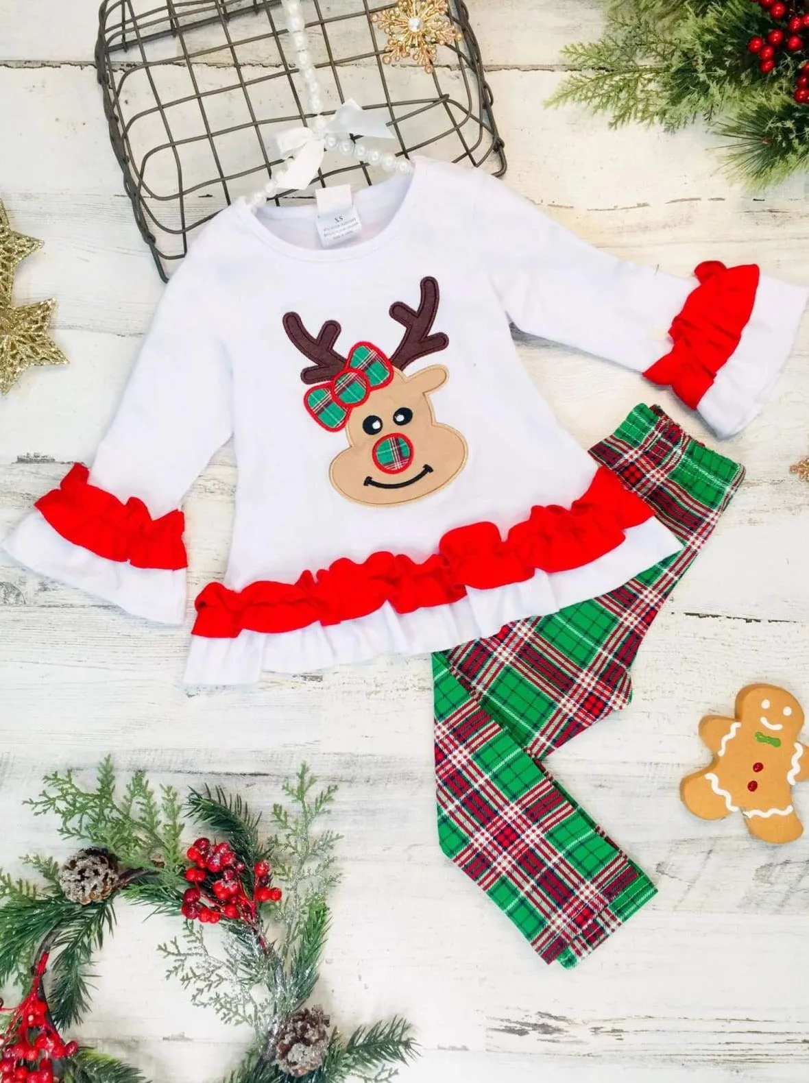 Girls Ruffled Rudolph Top and Plaid Legging Set