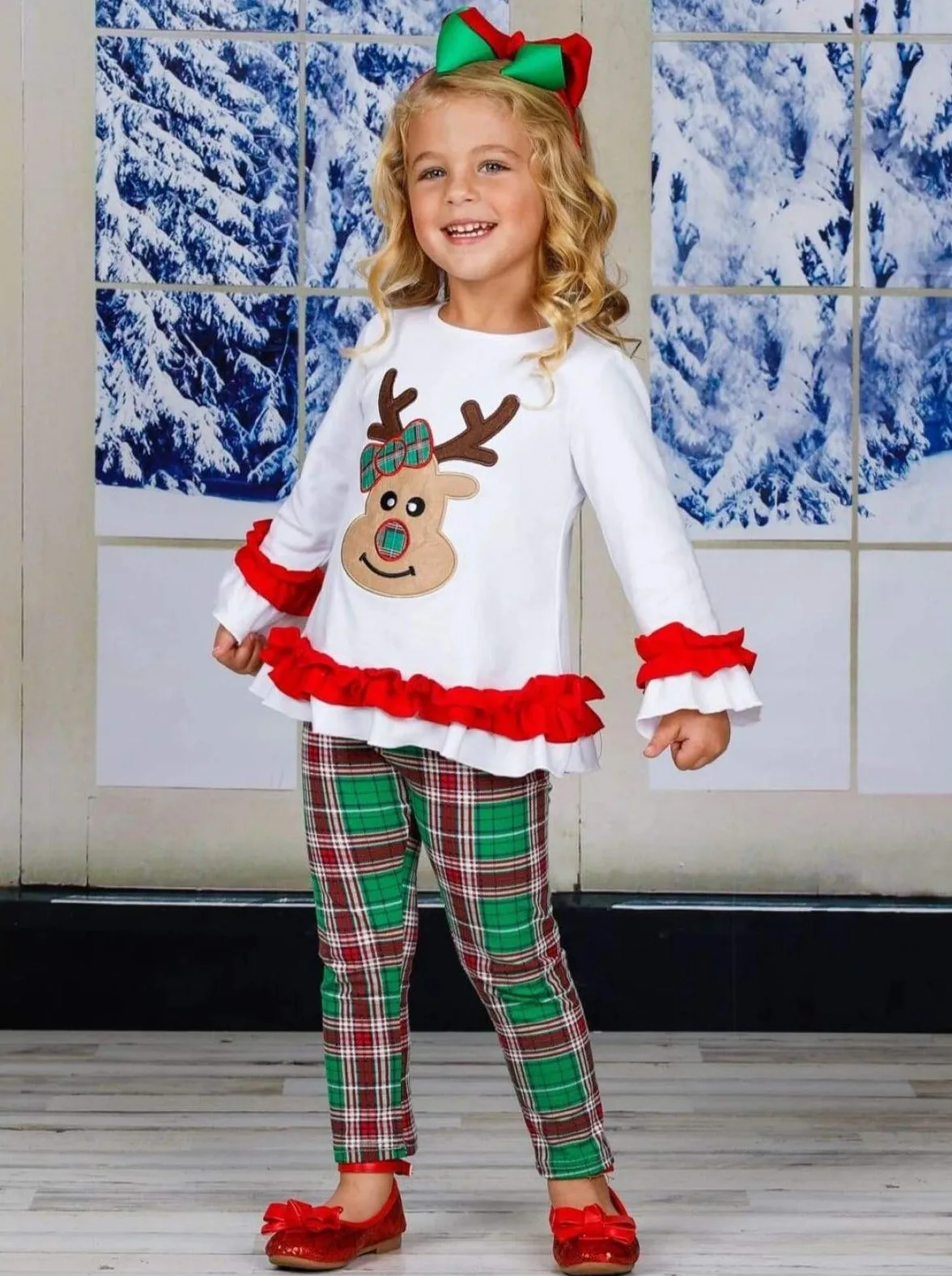 Girls Ruffled Rudolph Top and Plaid Legging Set