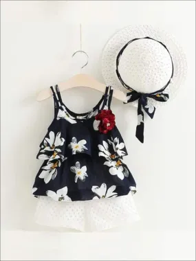 Girls Sleeveless Floral Print Tunic And White Short Set with Matching Sun Hat