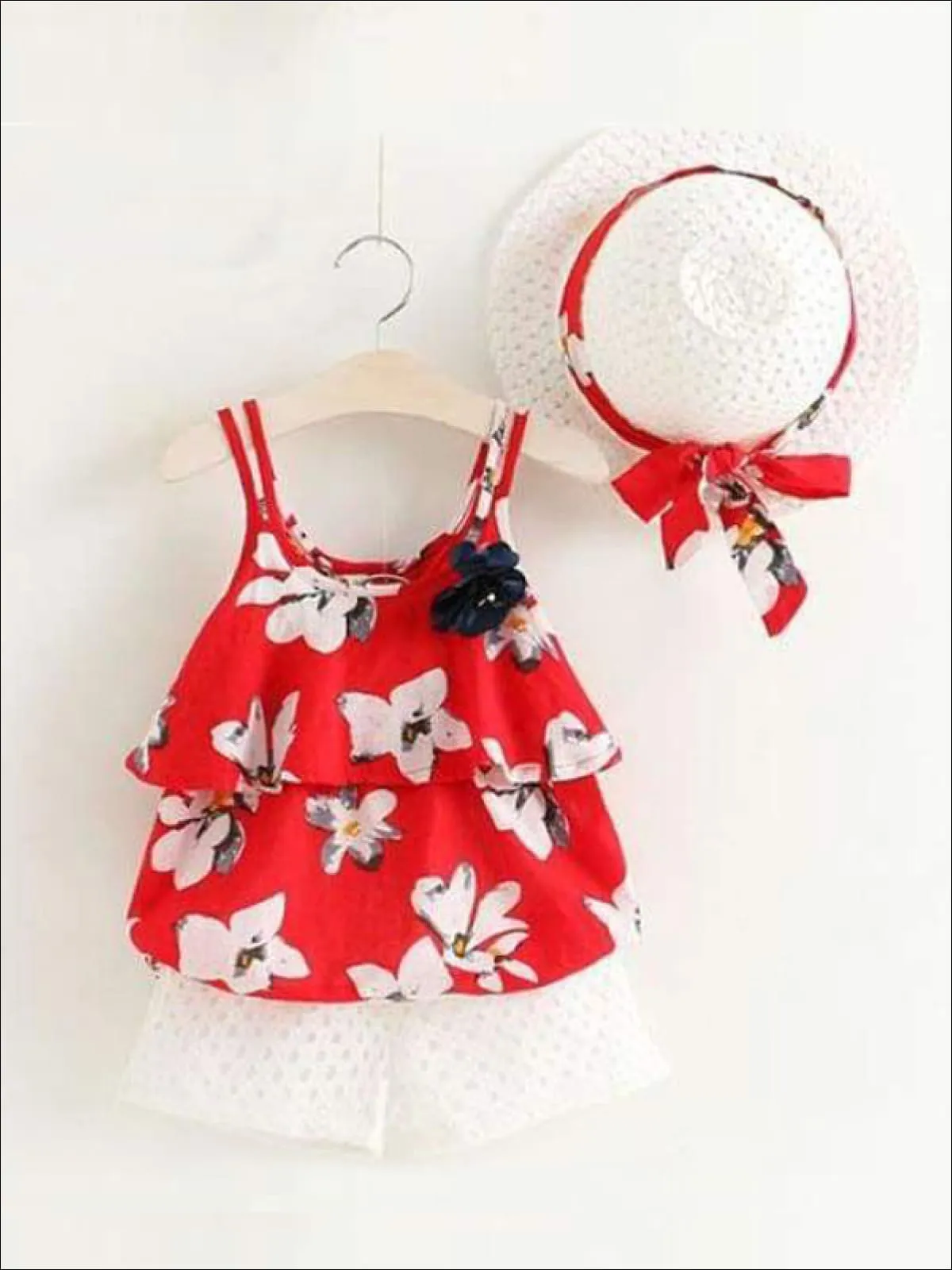 Girls Sleeveless Floral Print Tunic And White Short Set with Matching Sun Hat