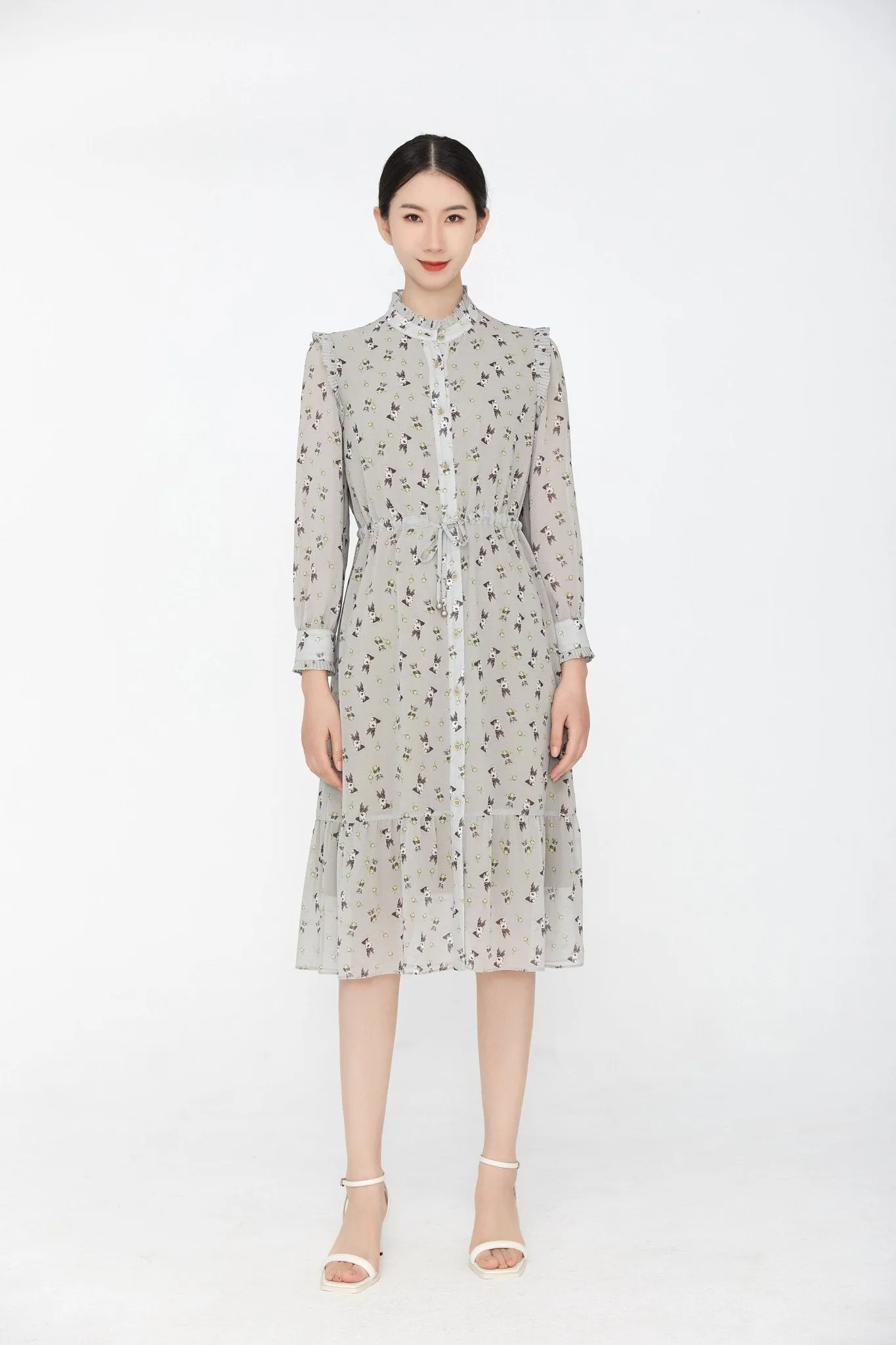 Gray Rabbit Lapel Collar Chiffon Shirt Dress