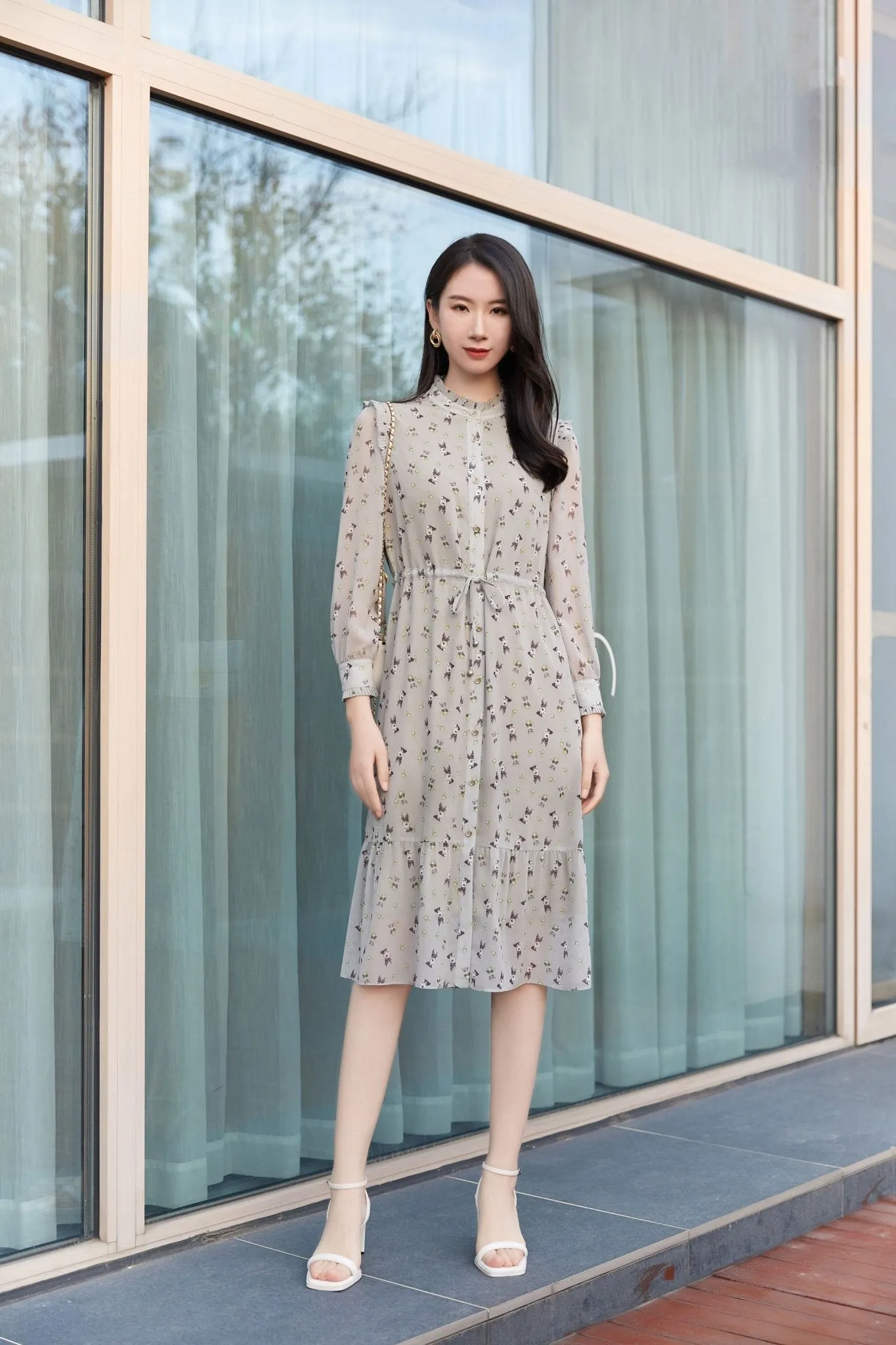 Gray Rabbit Lapel Collar Chiffon Shirt Dress