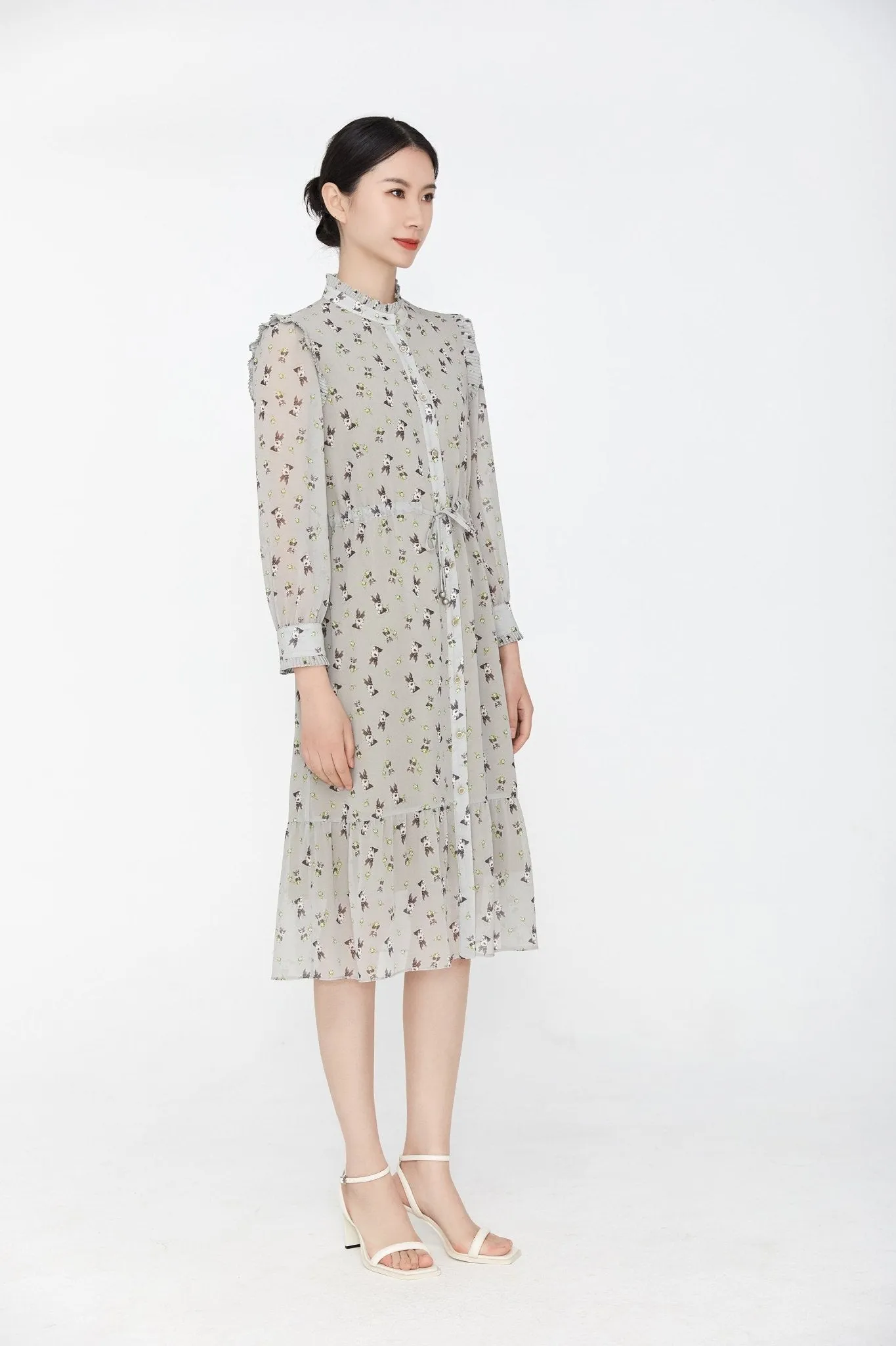 Gray Rabbit Lapel Collar Chiffon Shirt Dress