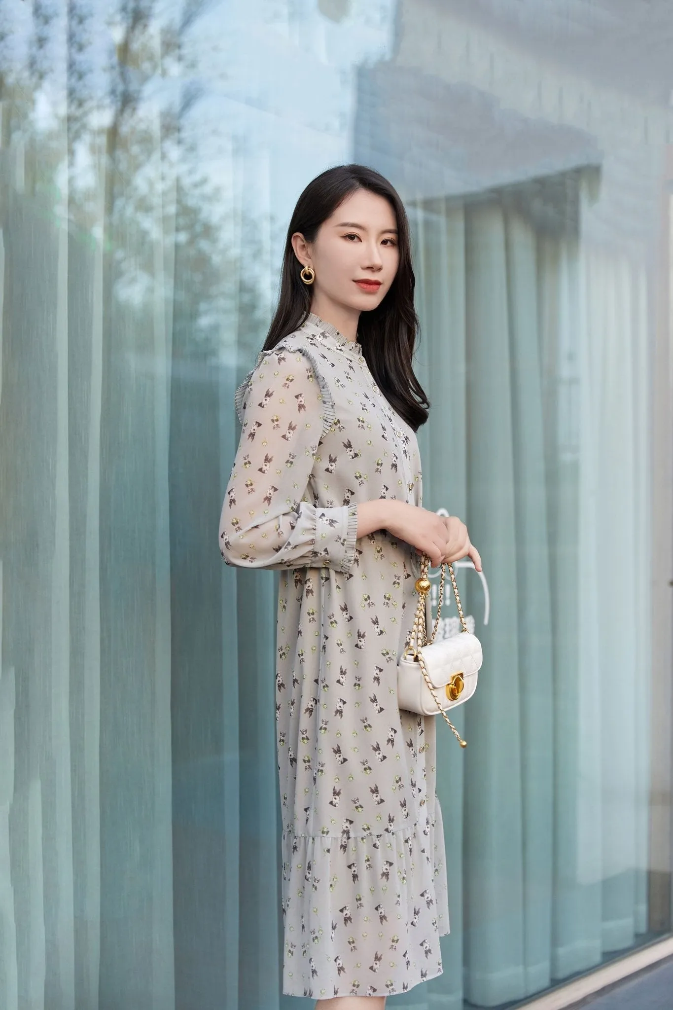 Gray Rabbit Lapel Collar Chiffon Shirt Dress