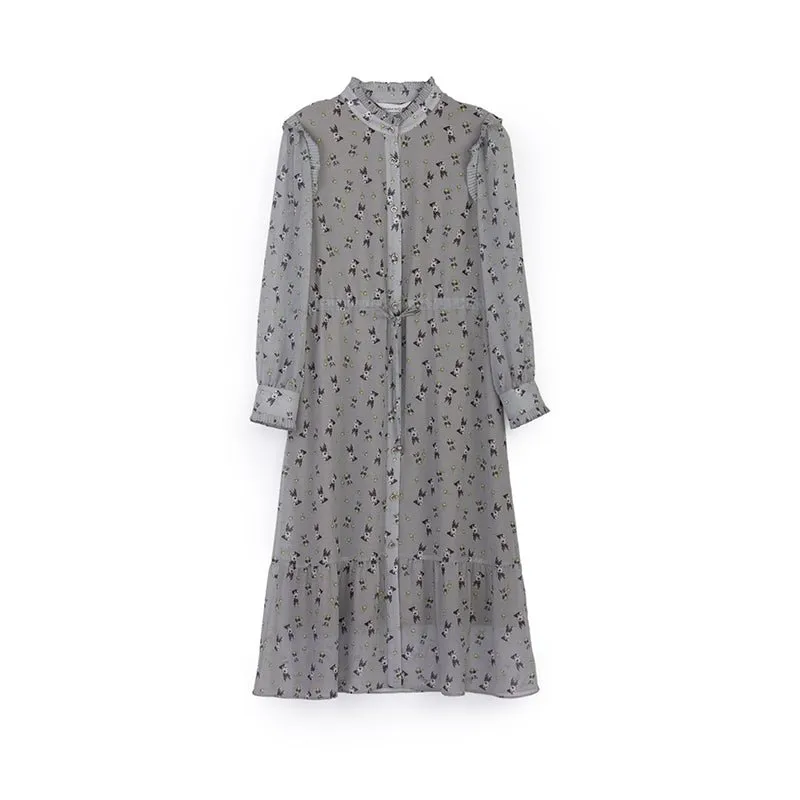 Gray Rabbit Lapel Collar Chiffon Shirt Dress