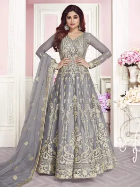 Grey Overall Embroidered Designer Net Anarkali Suit