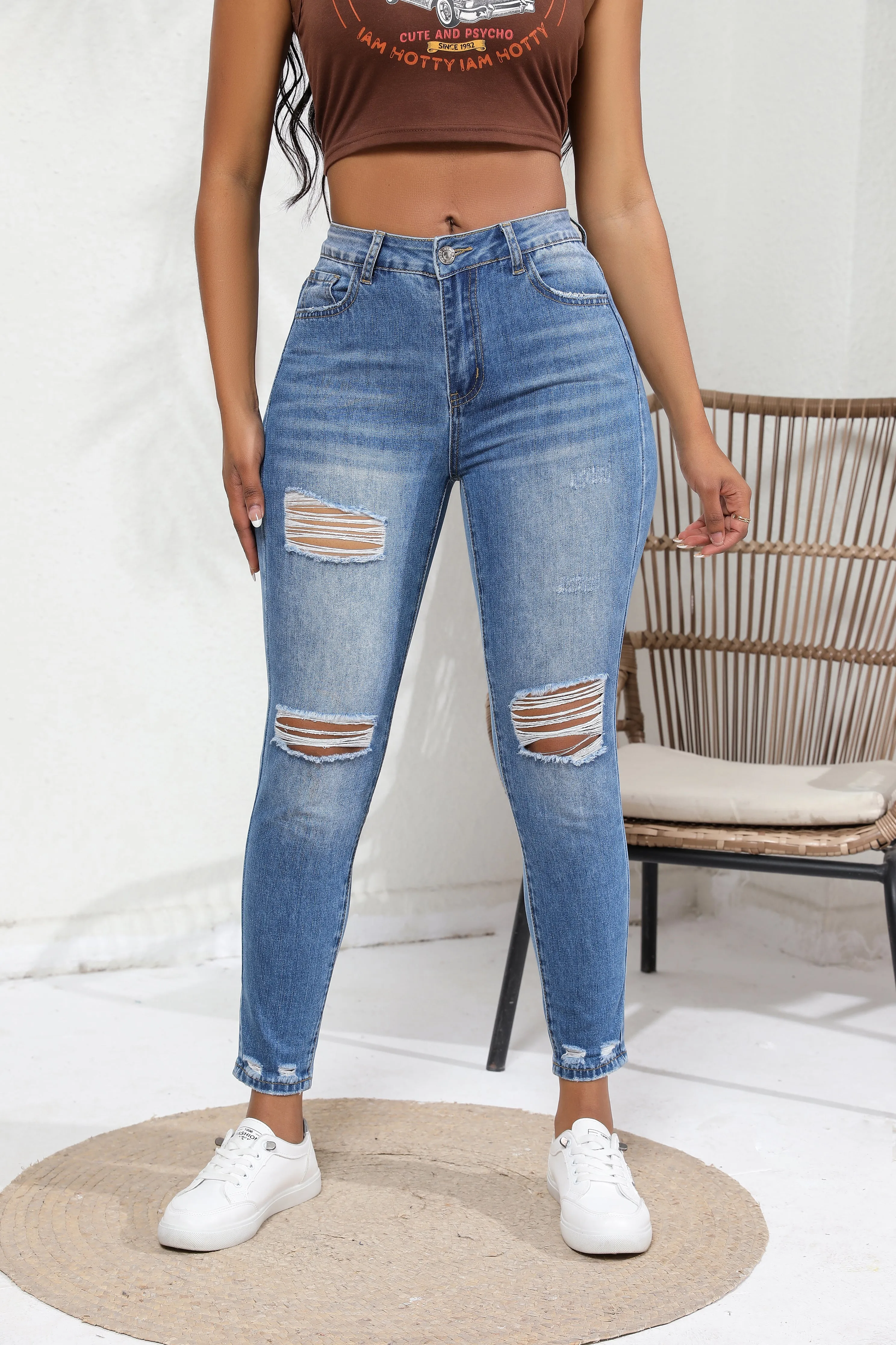 High-waisted Cotton-stretch Retro Wash Skinny Ripped Jeans