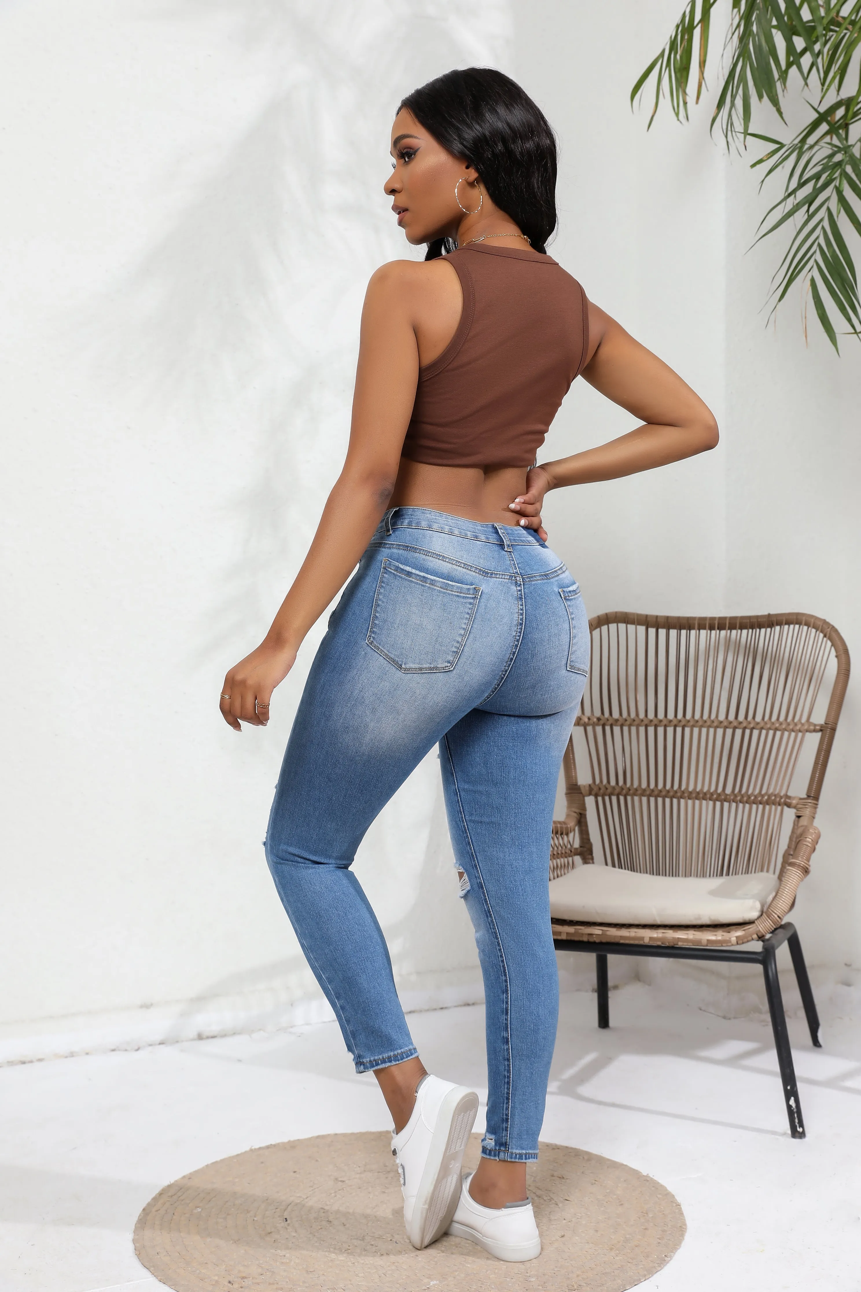 High-waisted Cotton-stretch Retro Wash Skinny Ripped Jeans