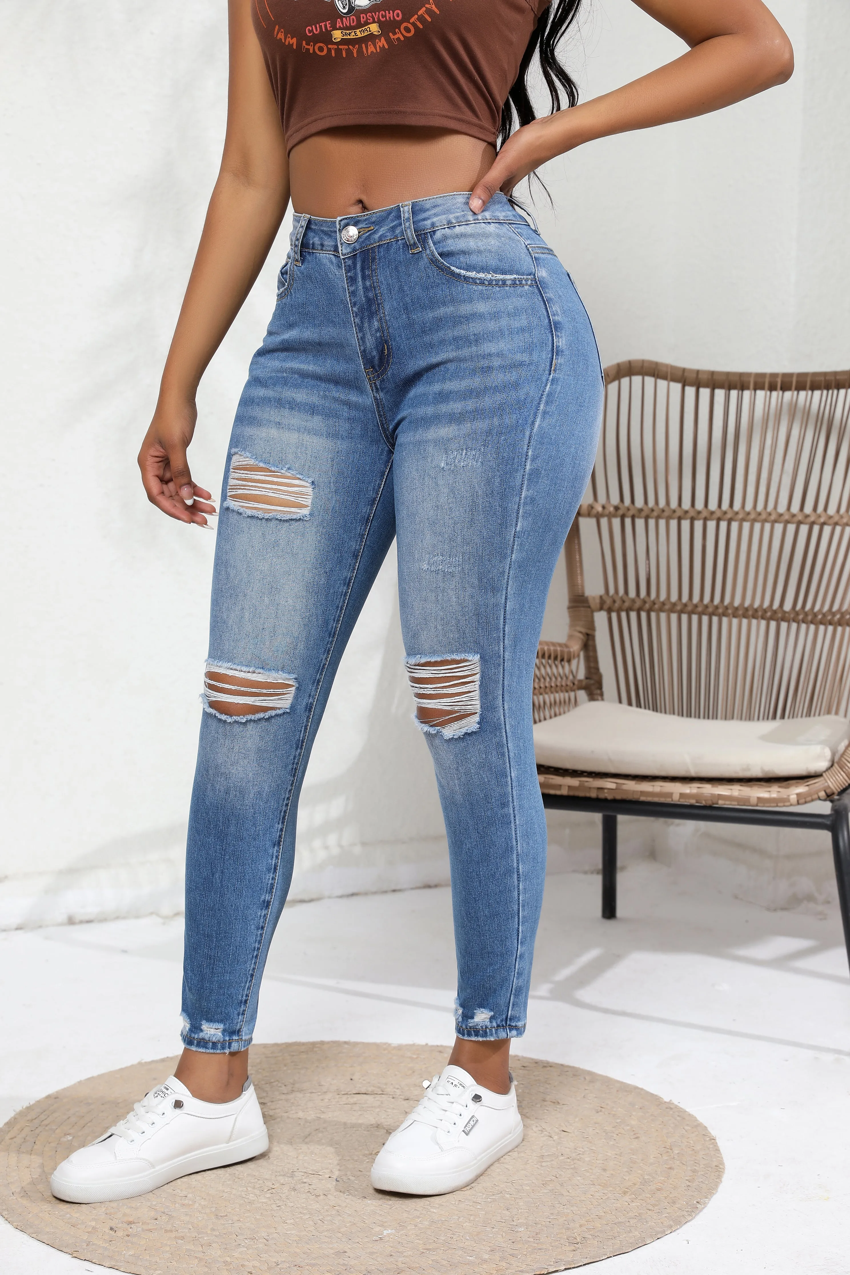 High-waisted Cotton-stretch Retro Wash Skinny Ripped Jeans