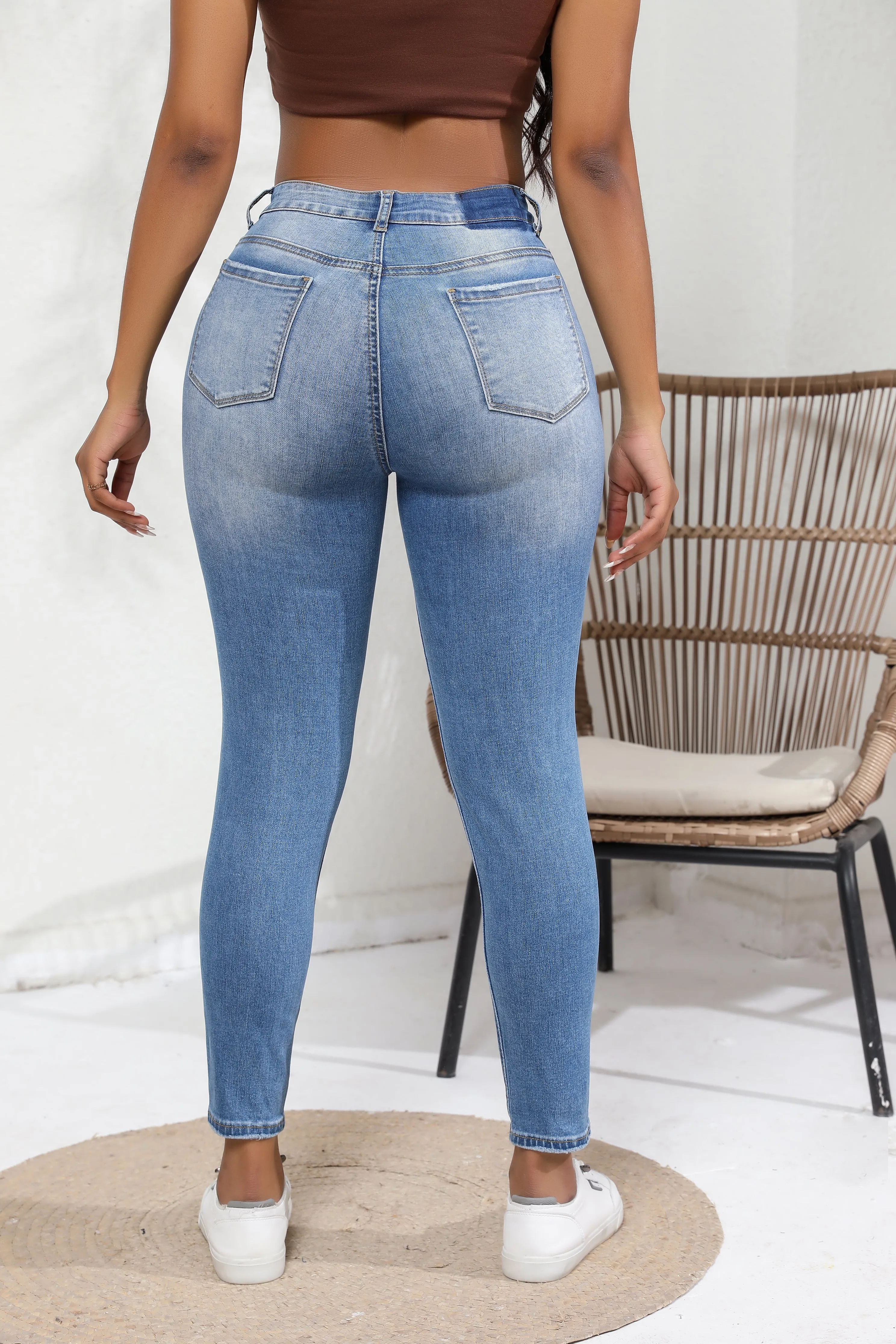 High-waisted Cotton-stretch Retro Wash Skinny Ripped Jeans