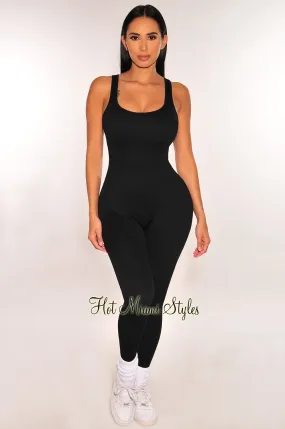 HMS Fit: Black Seamless Ribbed Tank Padded Snatched Jumpsuit