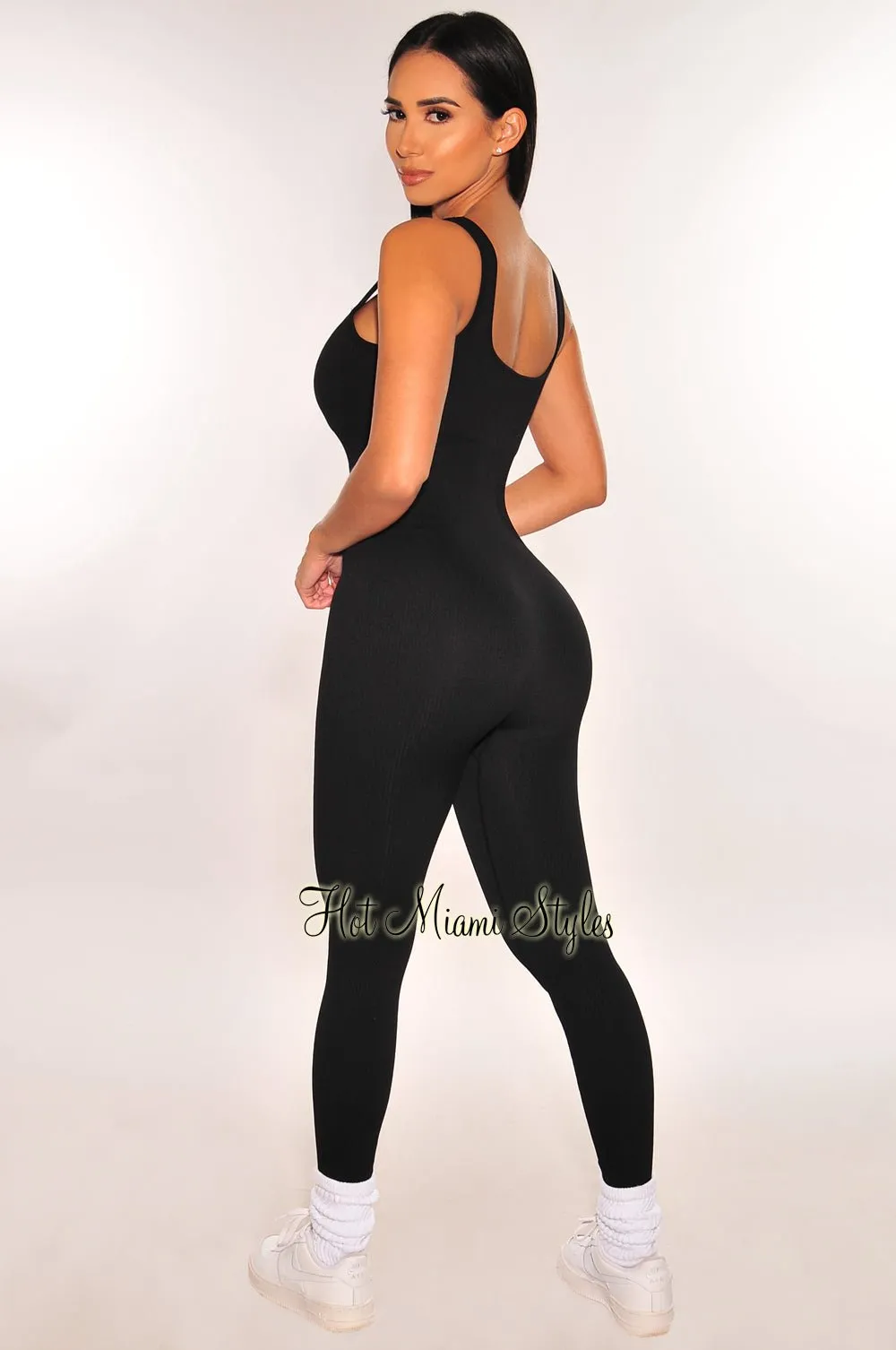 HMS Fit: Black Seamless Ribbed Tank Padded Snatched Jumpsuit