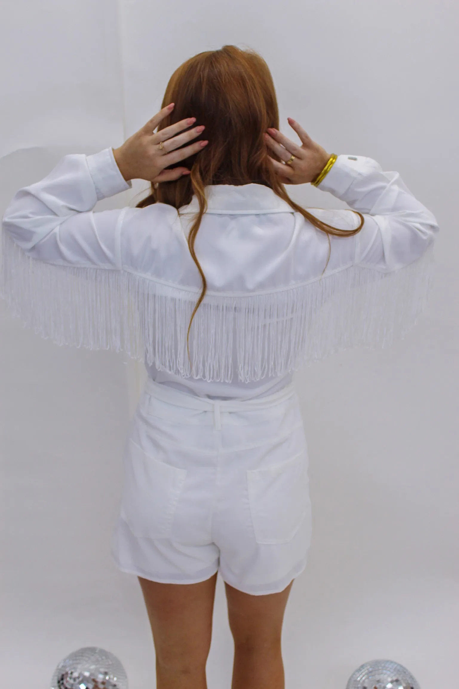 Honky Tonk Belted Fringe Romper-White