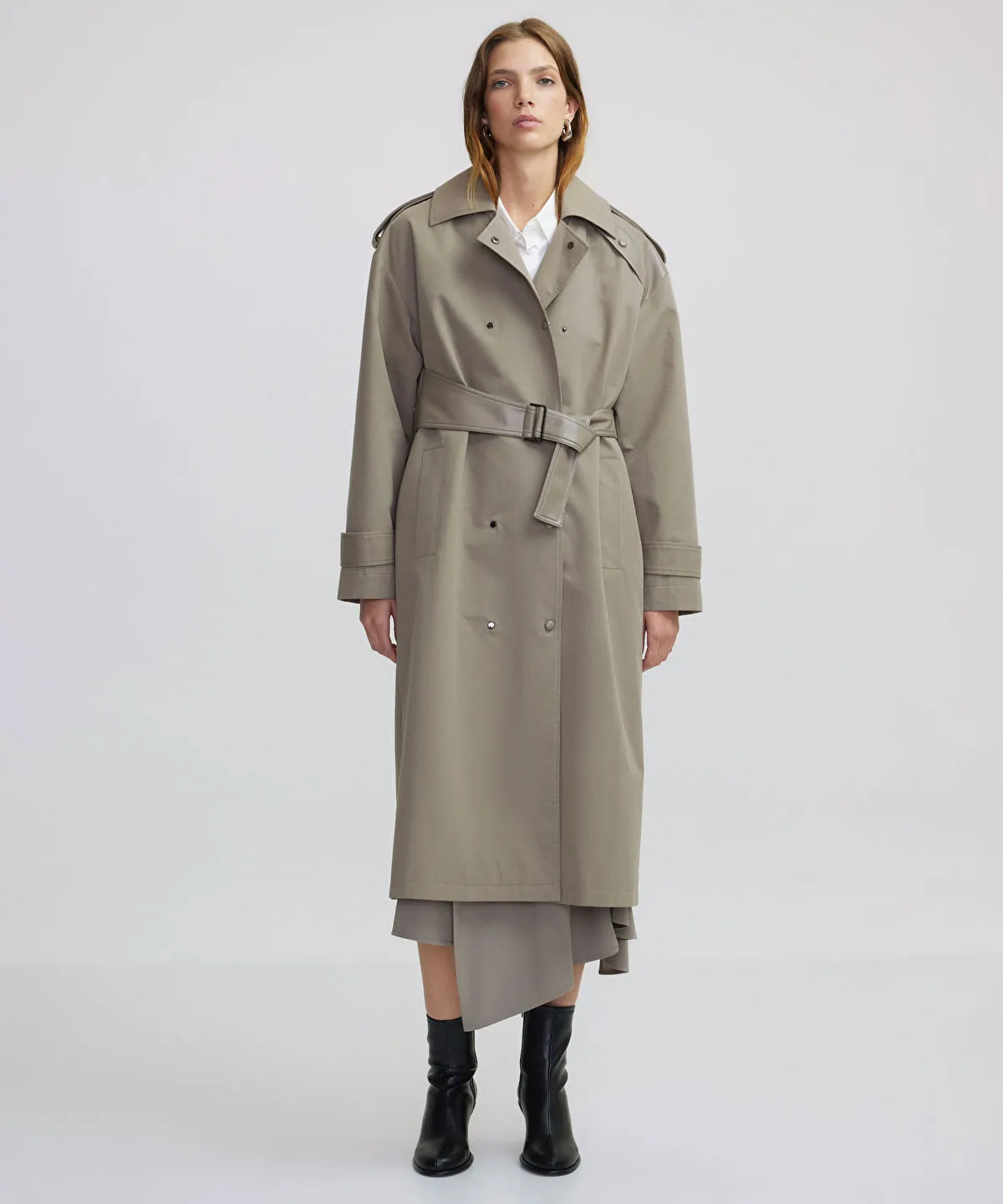 Ipekyol Faux Leather Mix Belted Trench Coat Mink