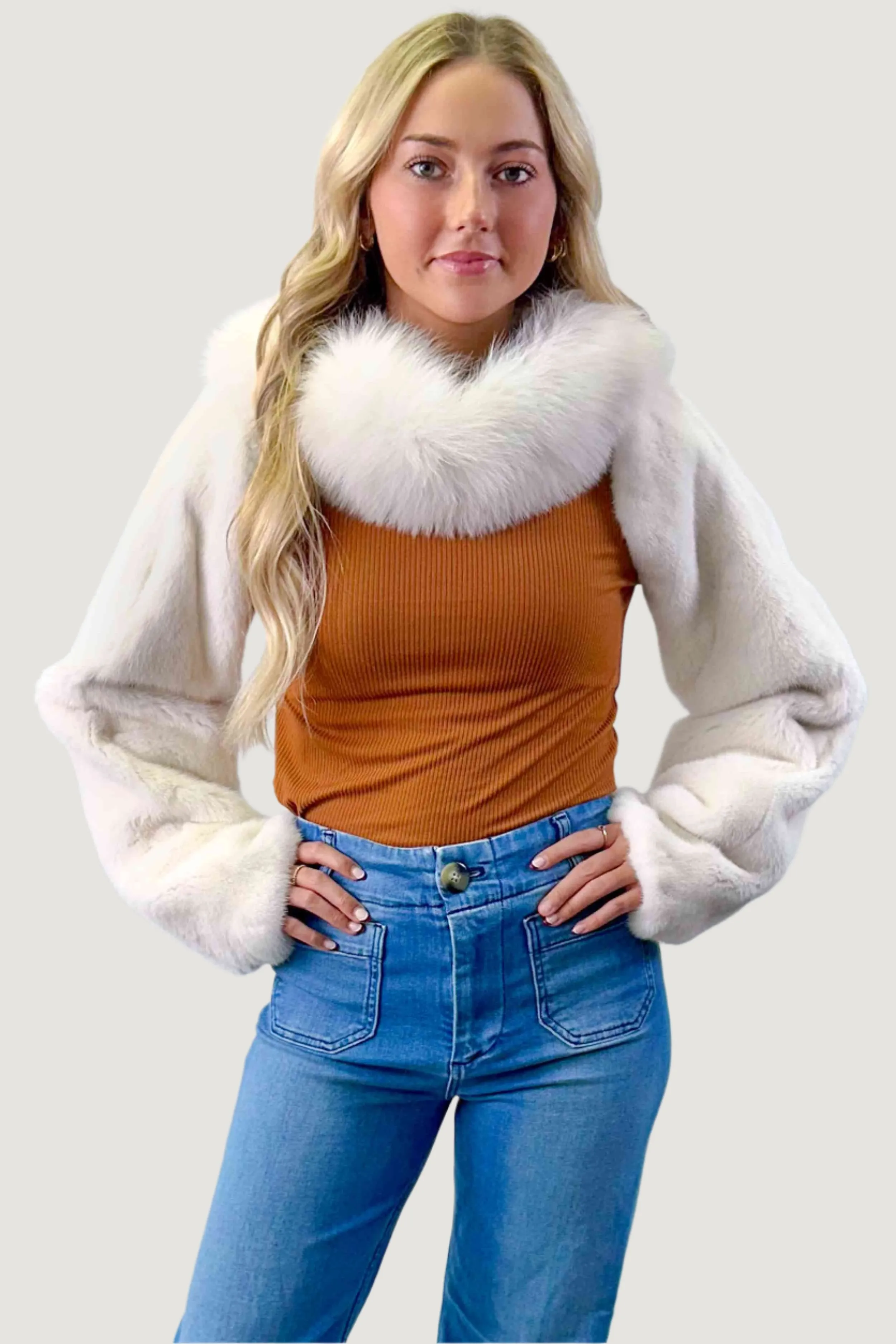 Just the Sleeves Mink Fur Bolero Jacket with Fox Fur Collar