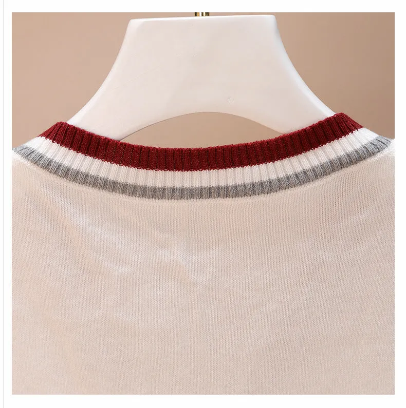 Kawaii V-neck college style knitted woolen vest knitwear pullover embroidery school badge sweater