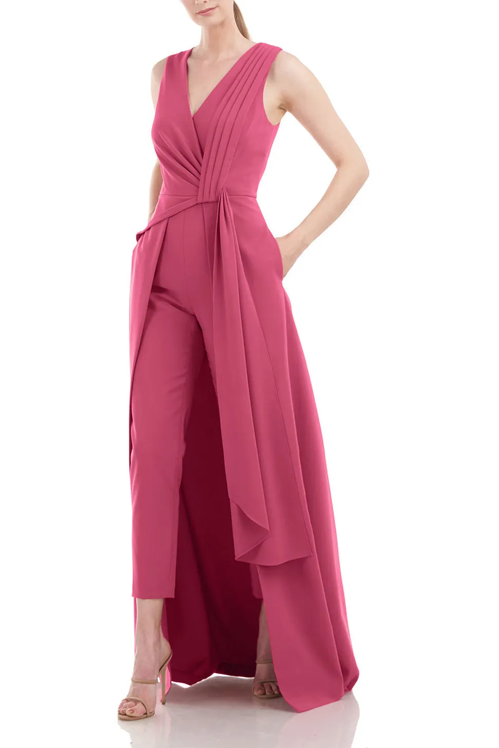 Kay Unger V-Neck Pleated Sleeveless Flared Skirt Stretch Crepe Jumpsuit