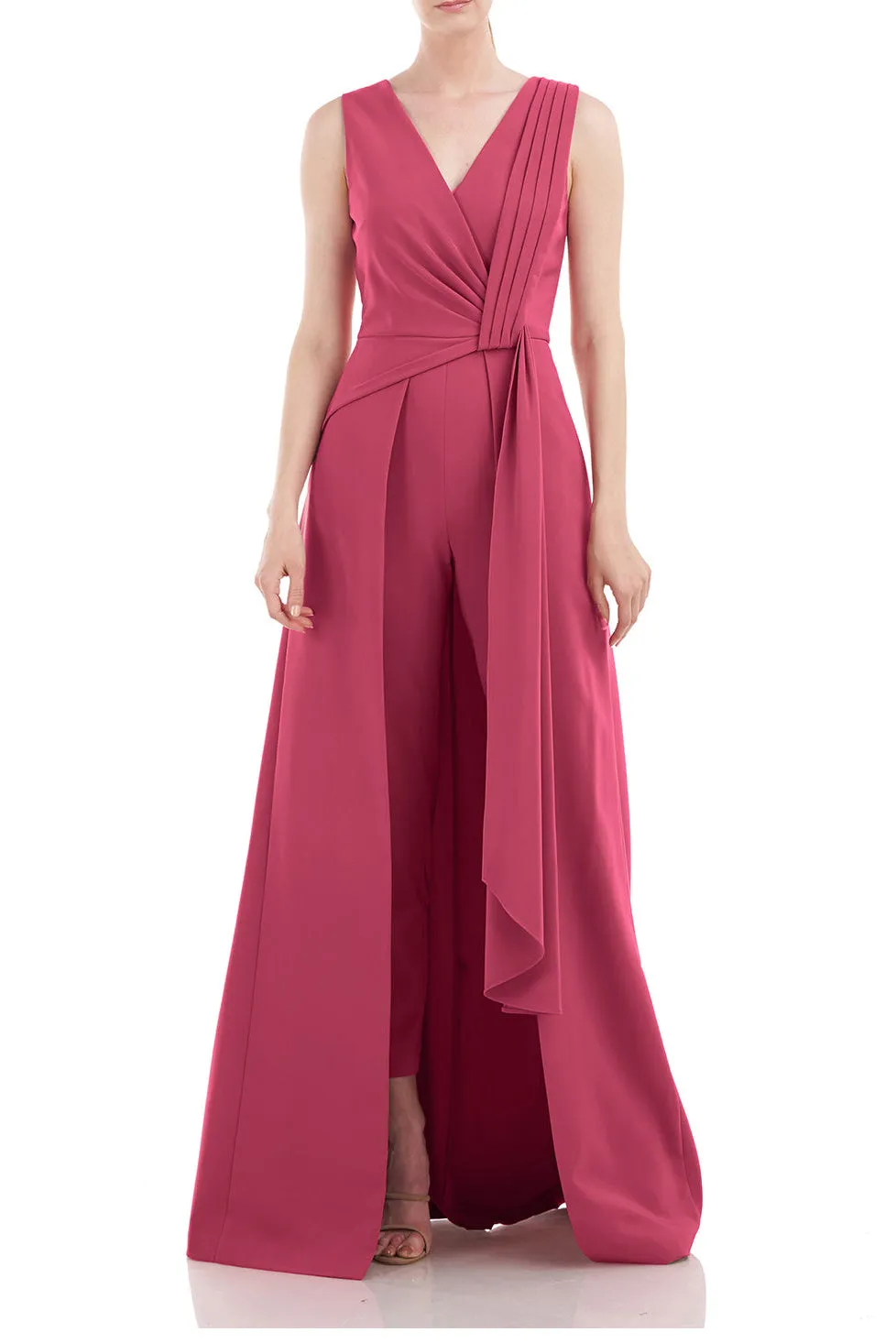 Kay Unger V-Neck Pleated Sleeveless Flared Skirt Stretch Crepe Jumpsuit