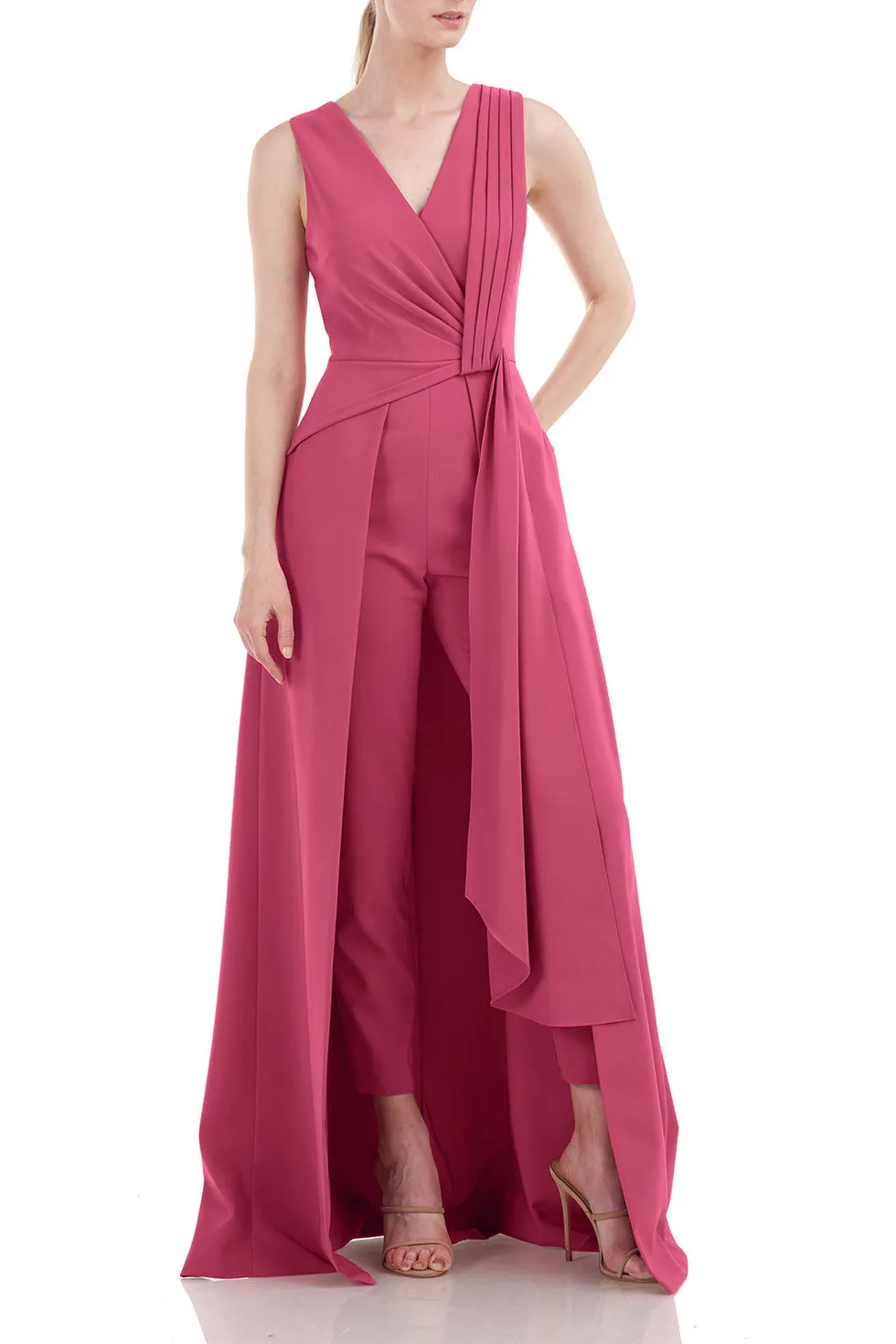 Kay Unger V-Neck Pleated Sleeveless Flared Skirt Stretch Crepe Jumpsuit