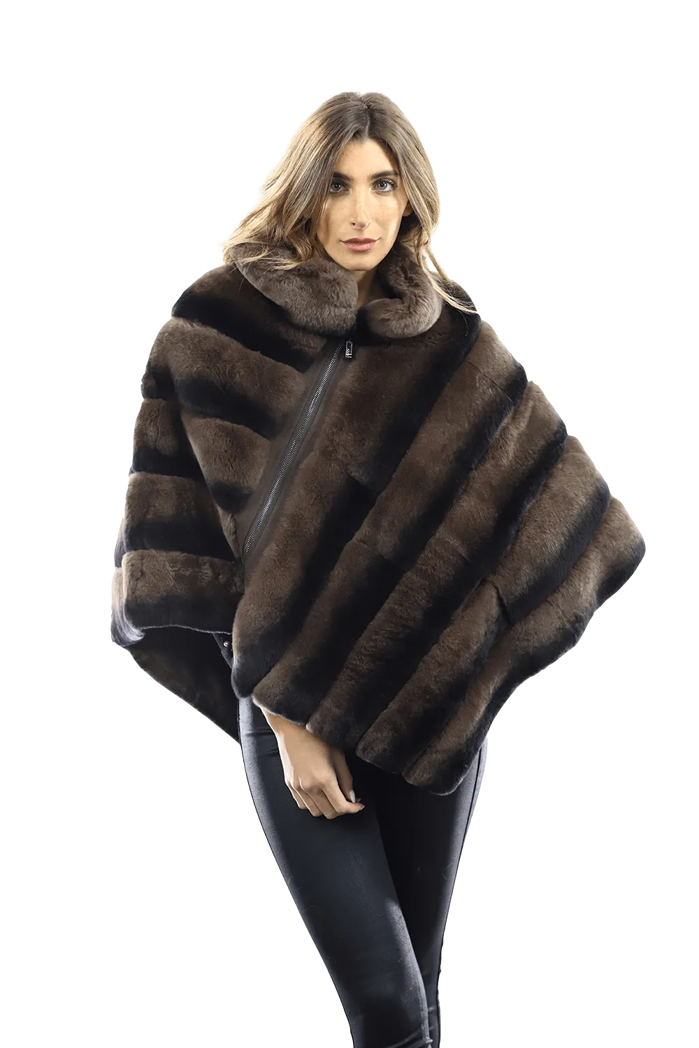 La Fiorentina -  Two Tone Rex Rabbit Poncho with Zipper - Brown