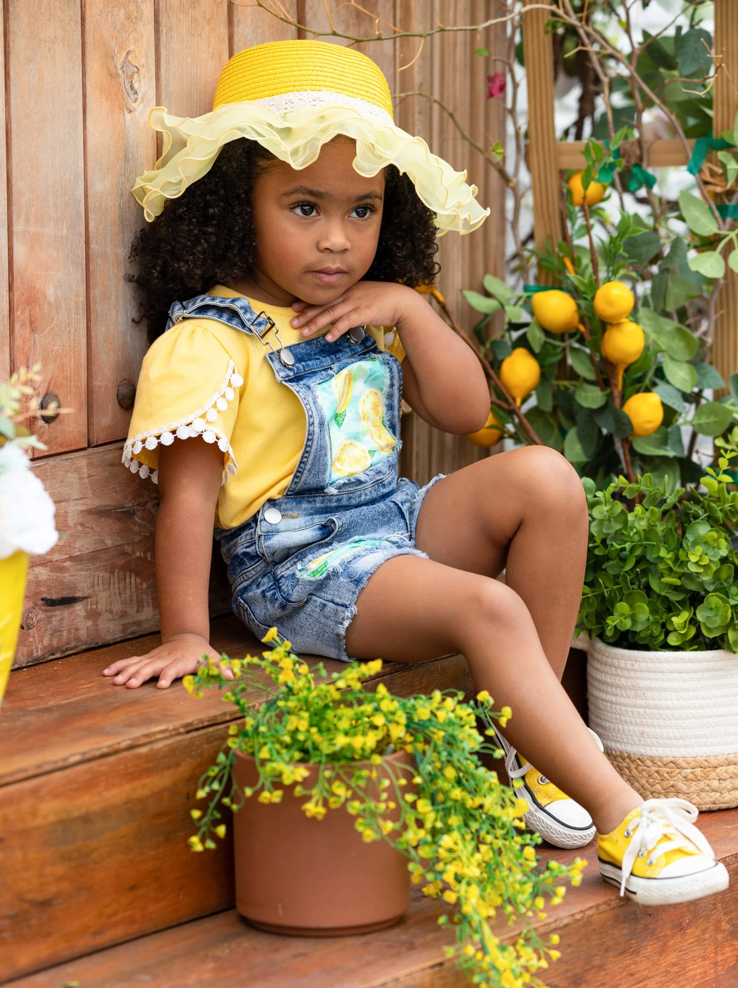 Lemon Slayed Patched Overall Shorts Set